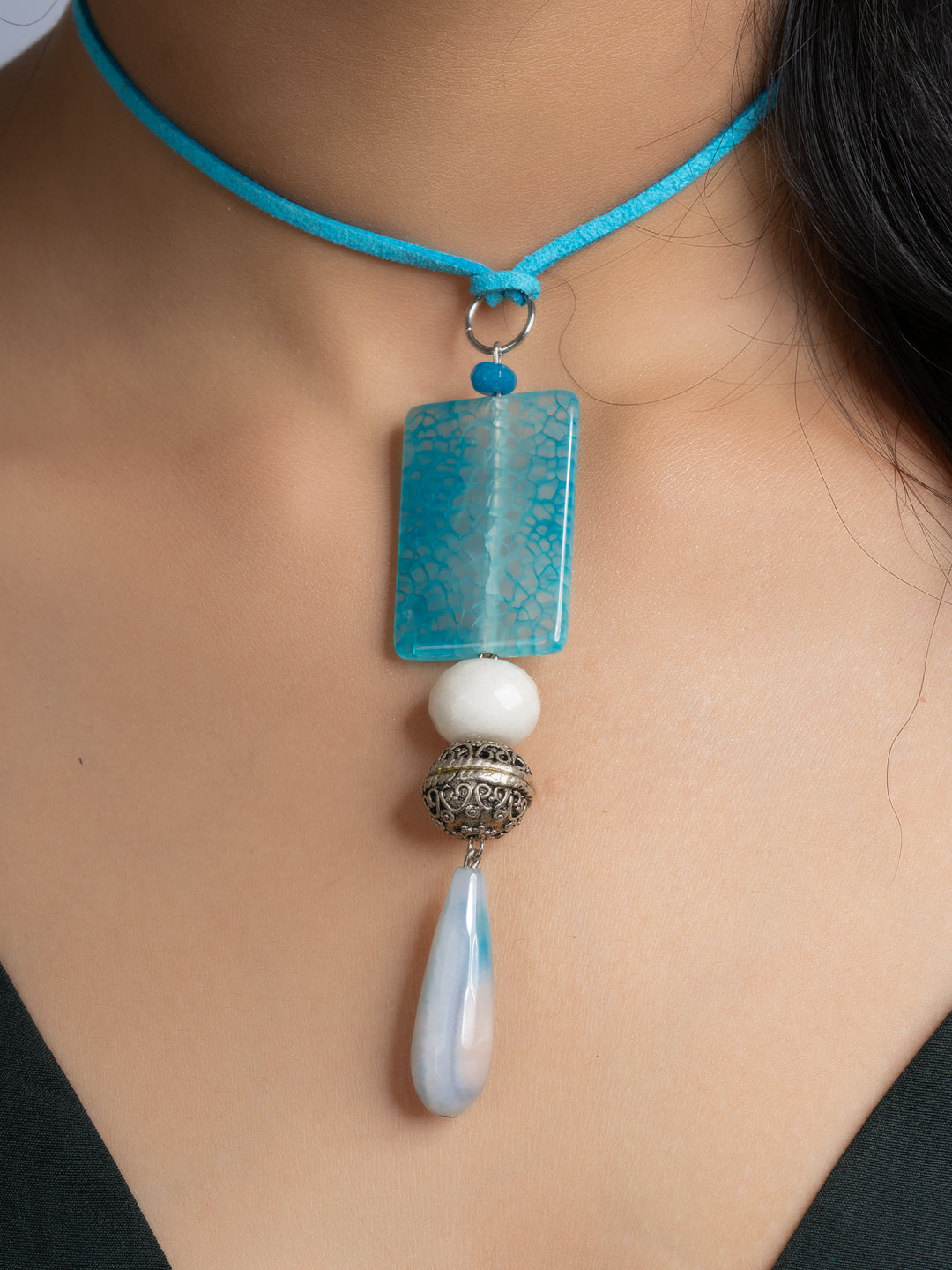 Blue White Onyx Agate Sleek Necklace With Adjustable Suede Cord