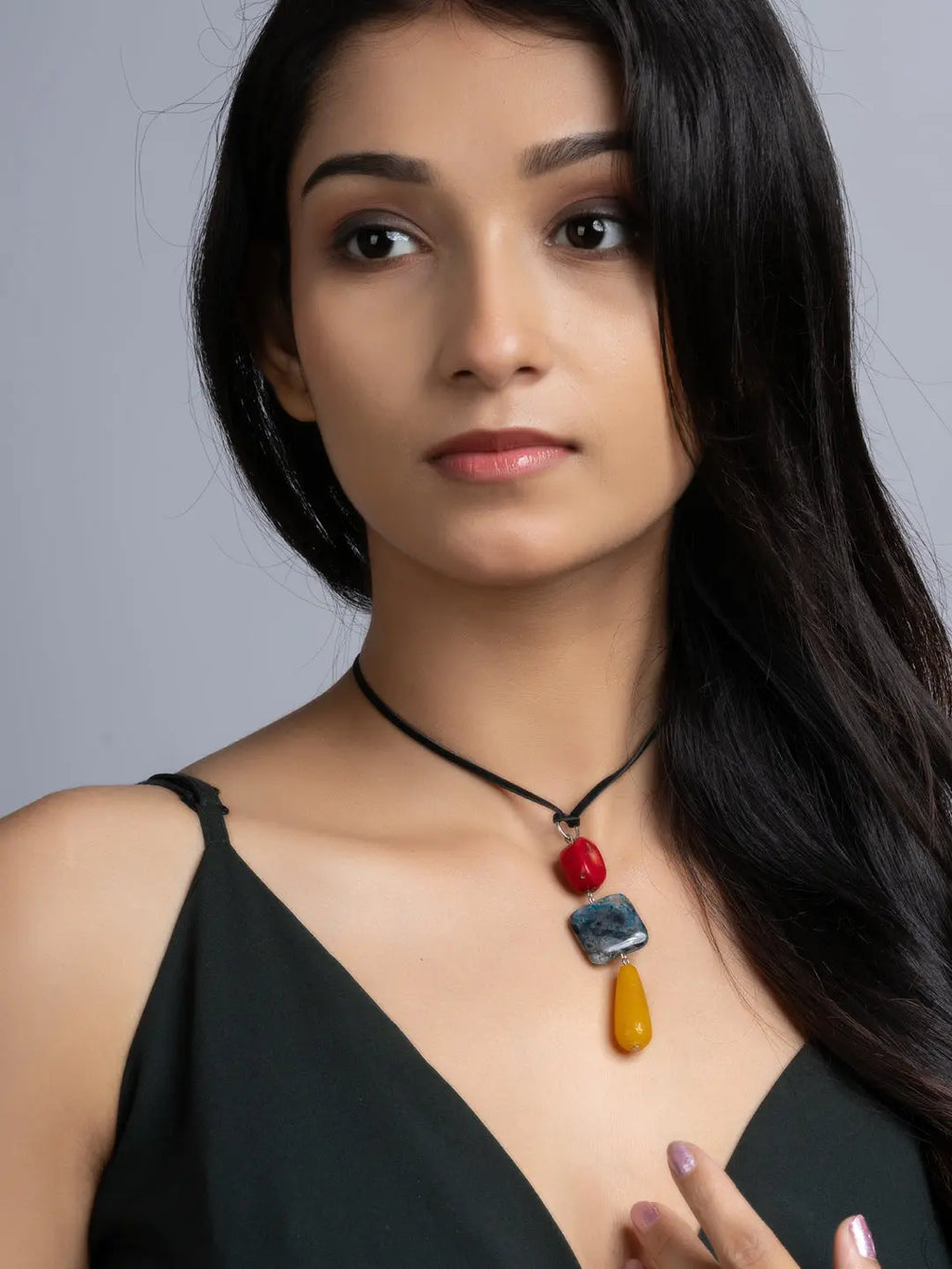 Yellow Red Onyx Agate Coral Sleek Necklace With Adjustable Suede Cord LOOK AND ADORN - designed for you