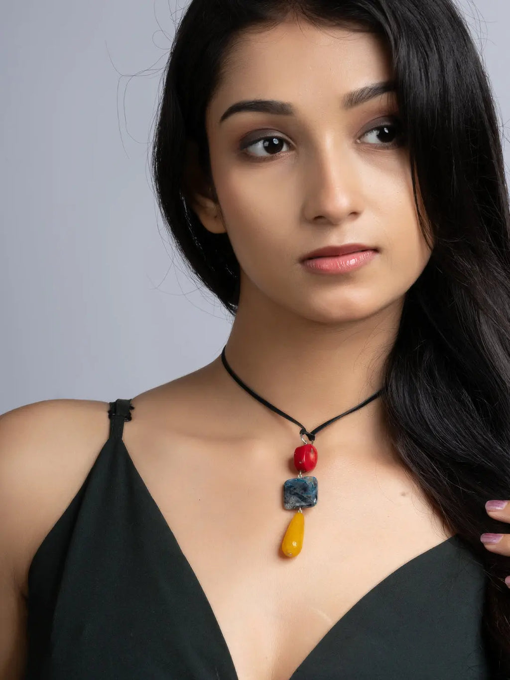 Yellow Red Onyx Agate Coral Sleek Necklace With Adjustable Suede Cord LOOK AND ADORN - designed for you