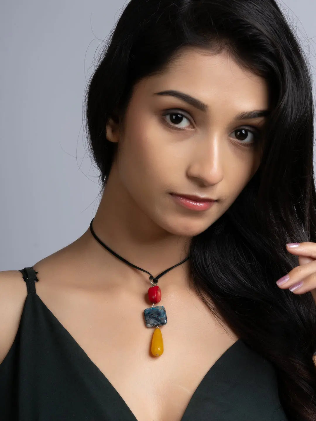 Yellow Red Onyx Agate Coral Sleek Necklace With Adjustable Suede Cord LOOK AND ADORN - designed for you