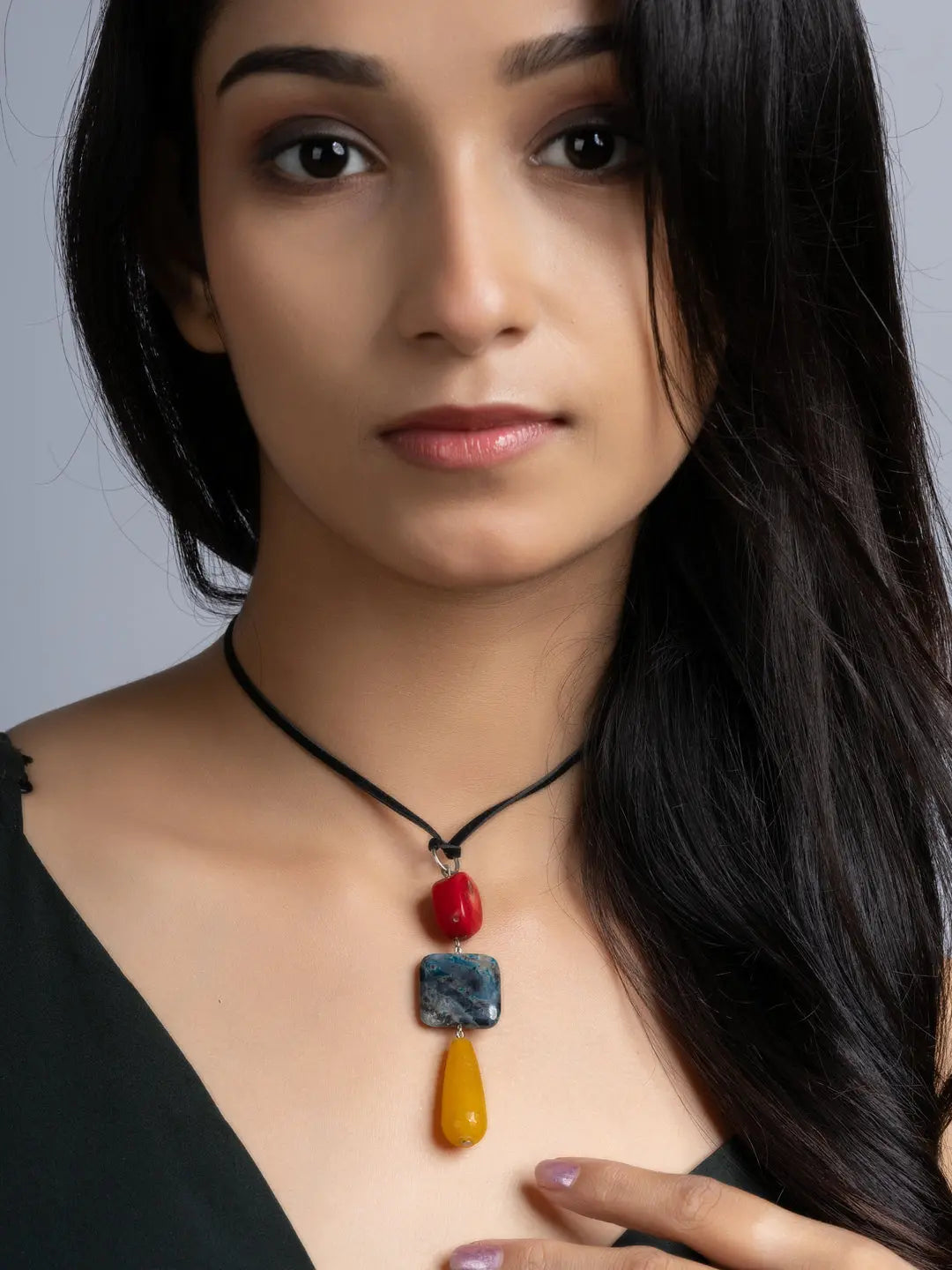 Yellow Red Onyx Agate Coral Sleek Necklace With Adjustable Suede Cord LOOK AND ADORN - designed for you