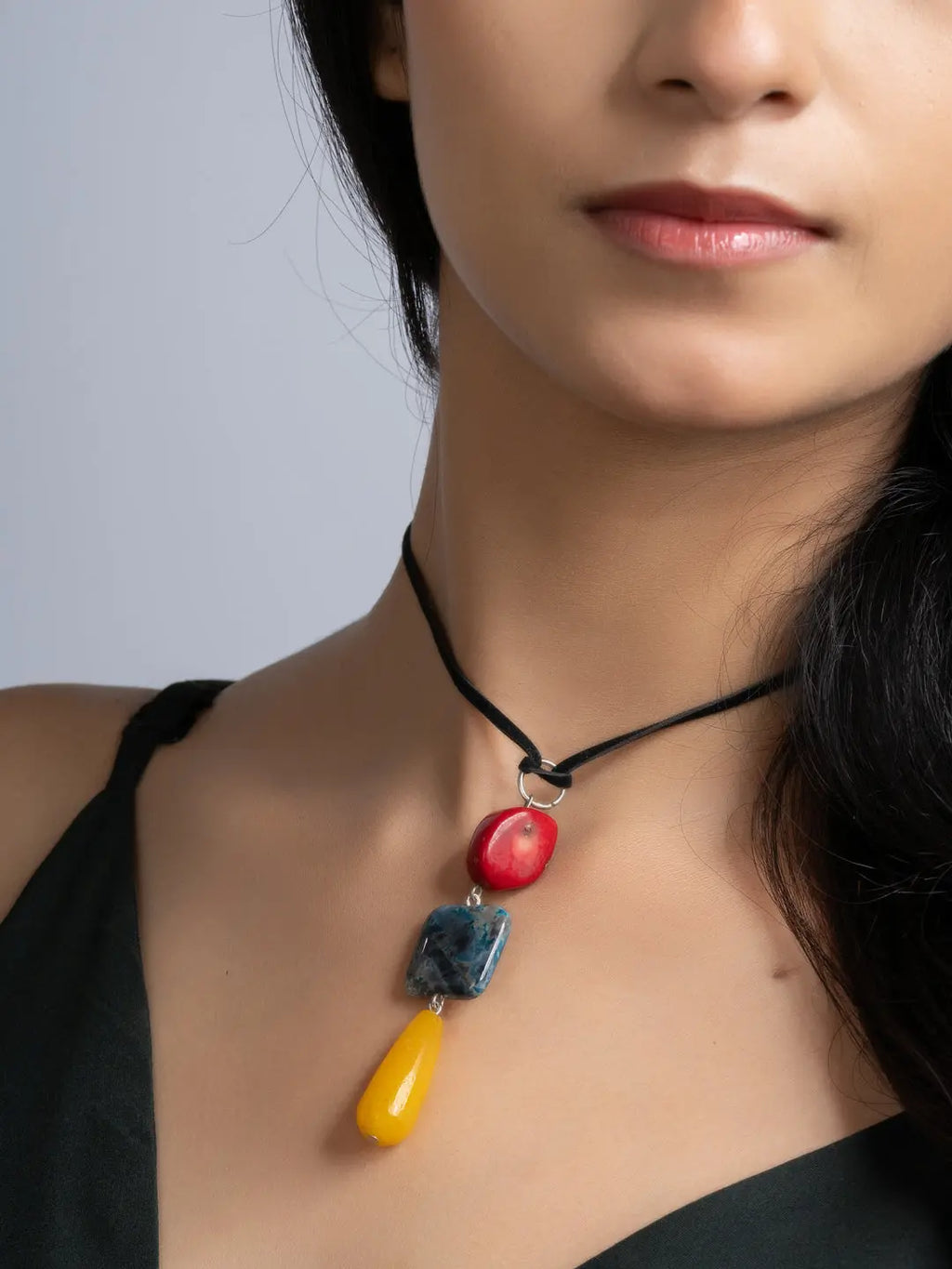 Yellow Red Onyx Agate Coral Sleek Necklace With Adjustable Suede Cord LOOK AND ADORN - designed for you