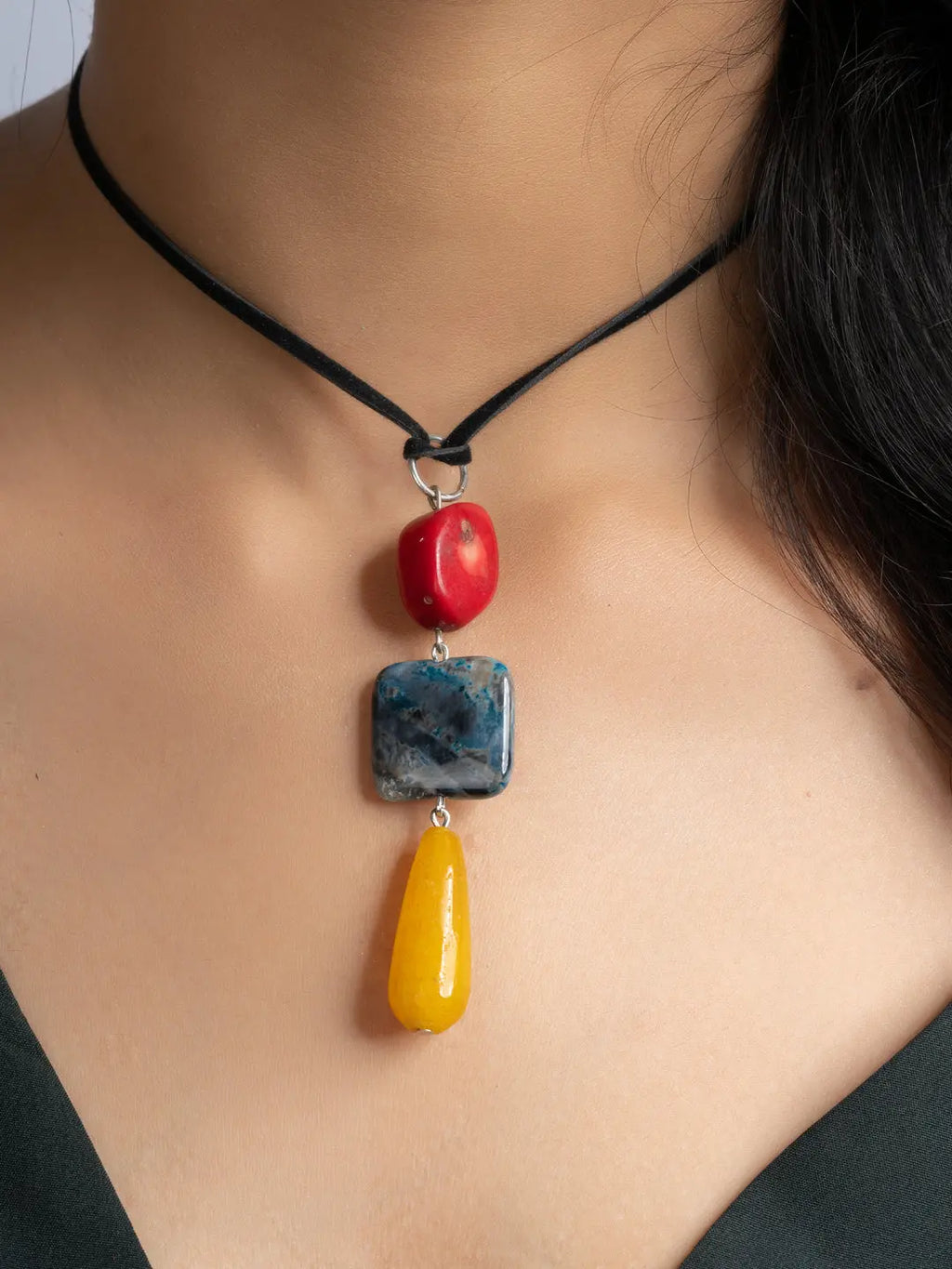 Yellow Red Onyx Agate Coral Sleek Necklace With Adjustable Suede Cord LOOK AND ADORN - designed for you
