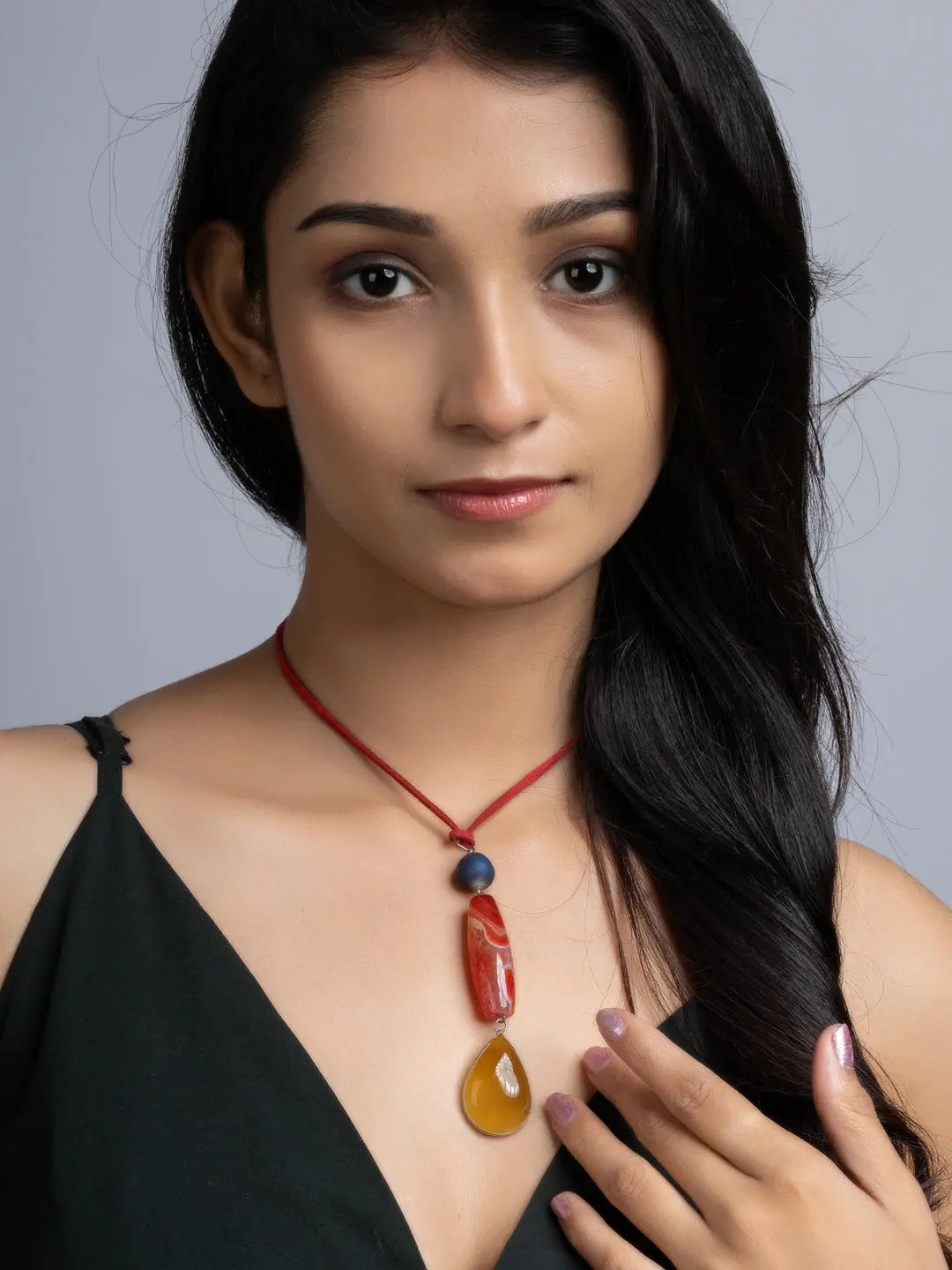 Orange Red Blue Onyx Agate Sleek Necklace With Adjustable Suede Cord LOOK AND ADORN - designed for you