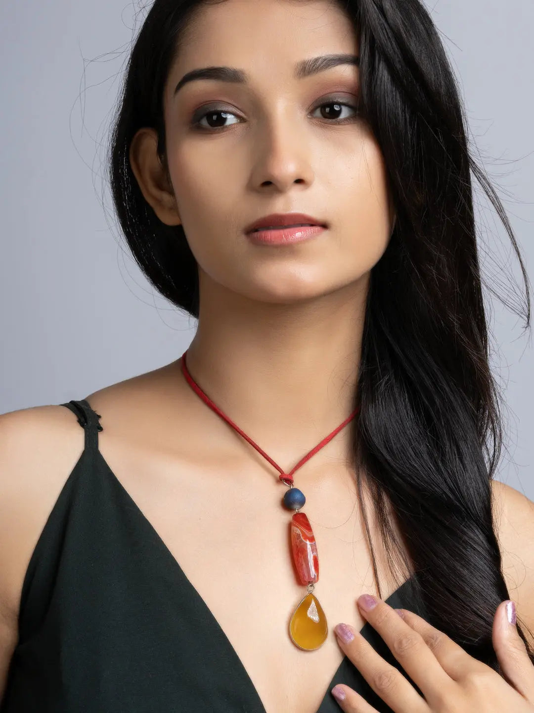 Orange Red Blue Onyx Agate Sleek Necklace With Adjustable Suede Cord LOOK AND ADORN - designed for you
