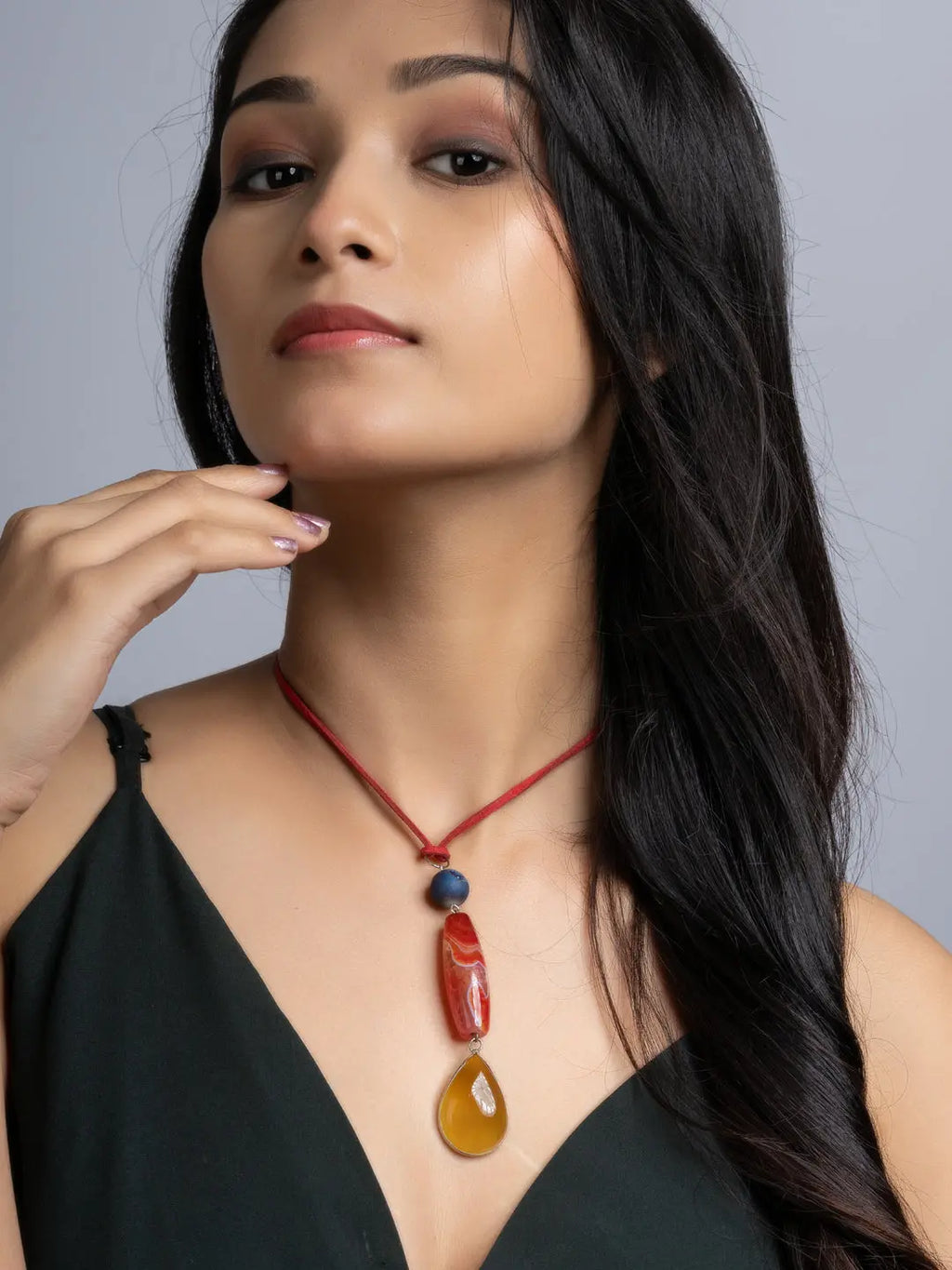 Orange Red Blue Onyx Agate Sleek Necklace With Adjustable Suede Cord LOOK AND ADORN - designed for you