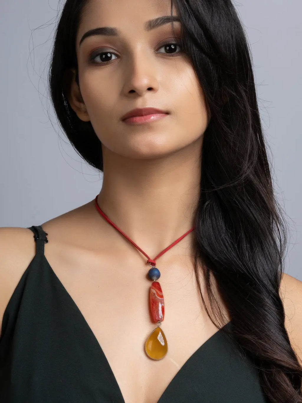Orange Red Blue Onyx Agate Sleek Necklace With Adjustable Suede Cord LOOK AND ADORN - designed for you