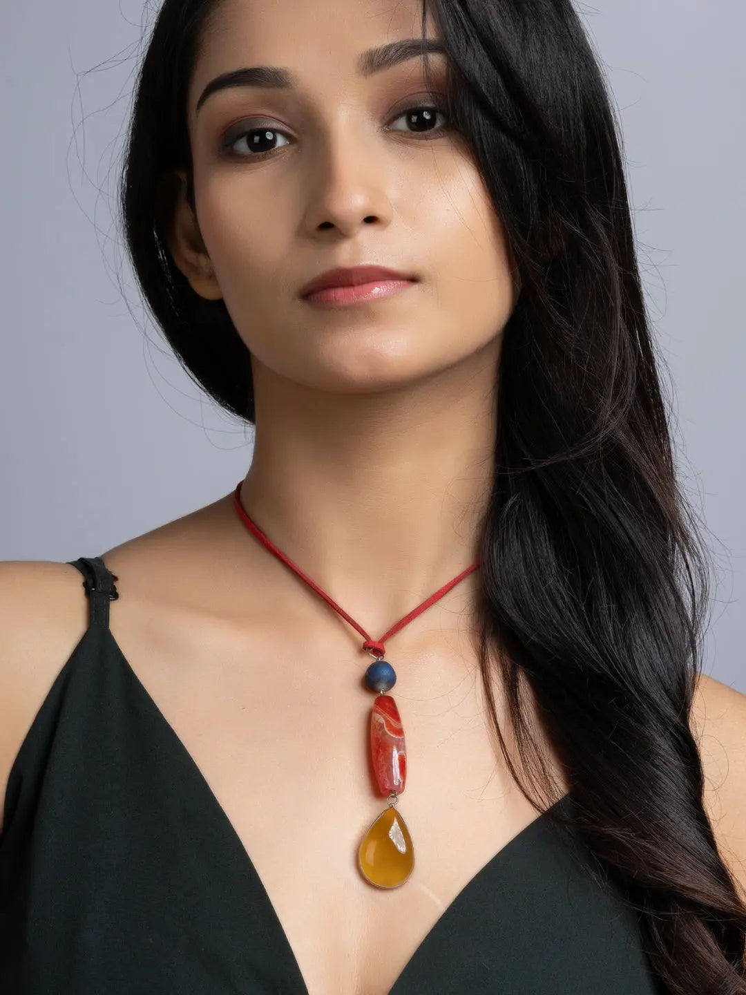 Orange Red Blue Onyx Agate Sleek Necklace With Adjustable Suede Cord LOOK AND ADORN - designed for you