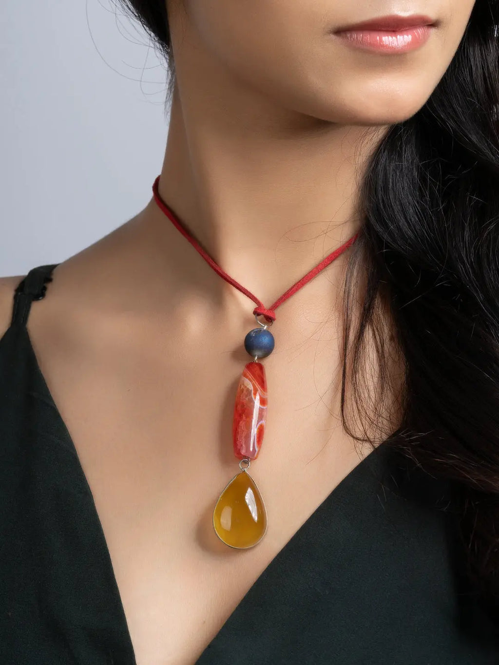 Orange Red Blue Onyx Agate Sleek Necklace With Adjustable Suede Cord LOOK AND ADORN - designed for you