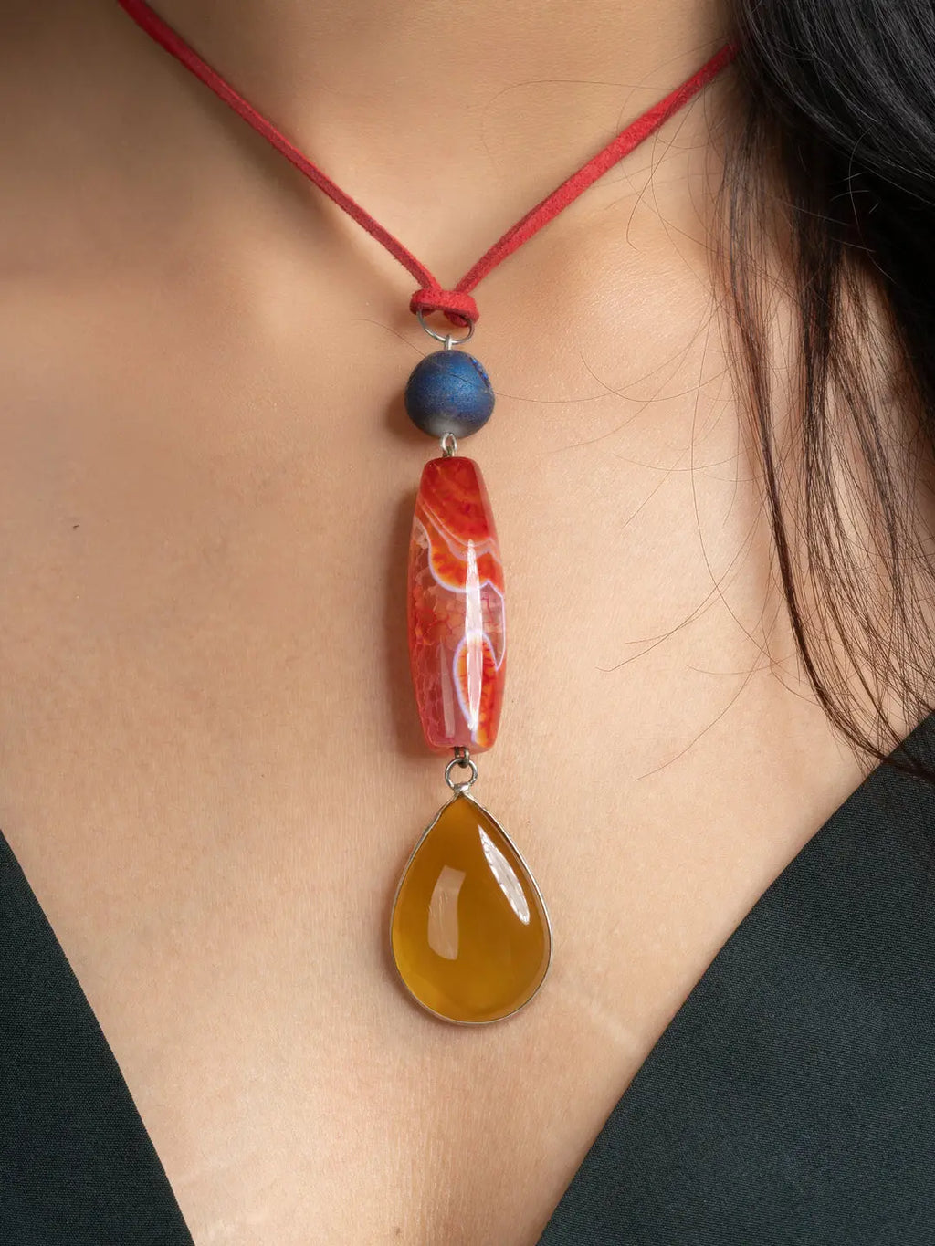 Orange Red Blue Onyx Agate Sleek Necklace With Adjustable Suede Cord LOOK AND ADORN - designed for you