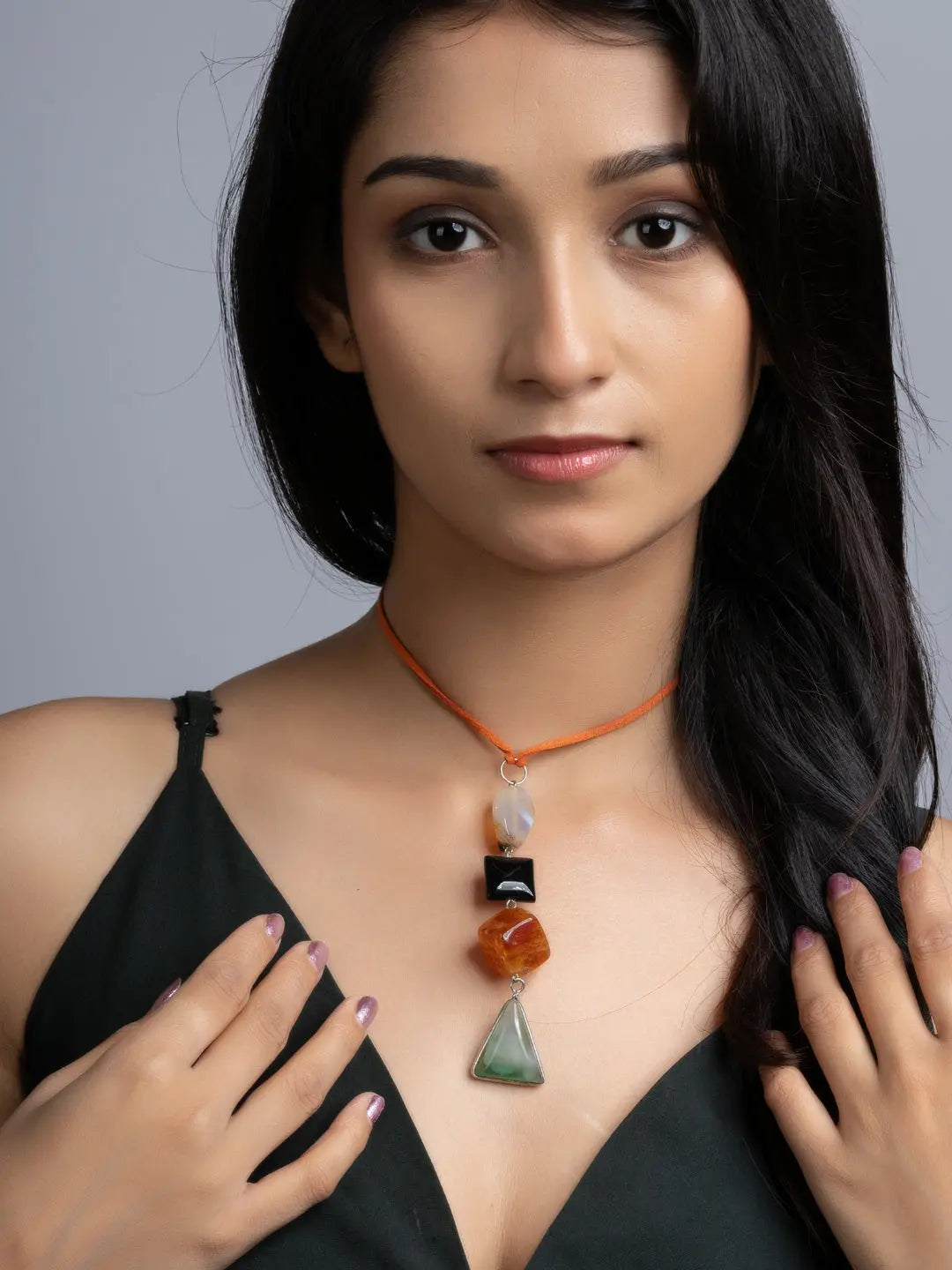 Green Orange Black Onyx Agate Sleek Necklace With Adjustable Suede Cord LOOK AND ADORN - designed for you