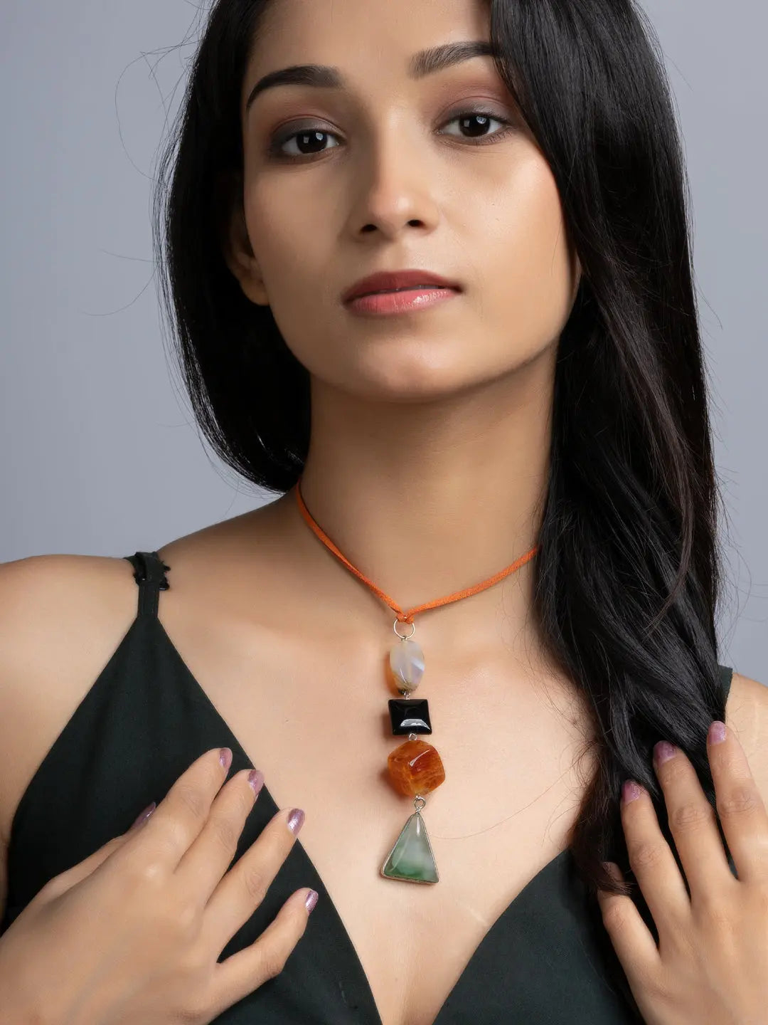 Green Orange Black Onyx Agate Sleek Necklace With Adjustable Suede Cord LOOK AND ADORN - designed for you