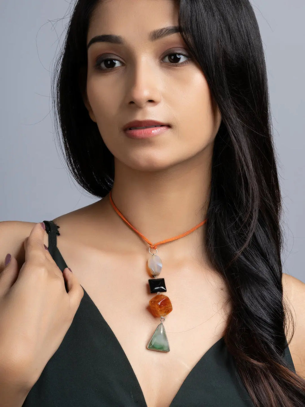 Green Orange Black Onyx Agate Sleek Necklace With Adjustable Suede Cord LOOK AND ADORN - designed for you