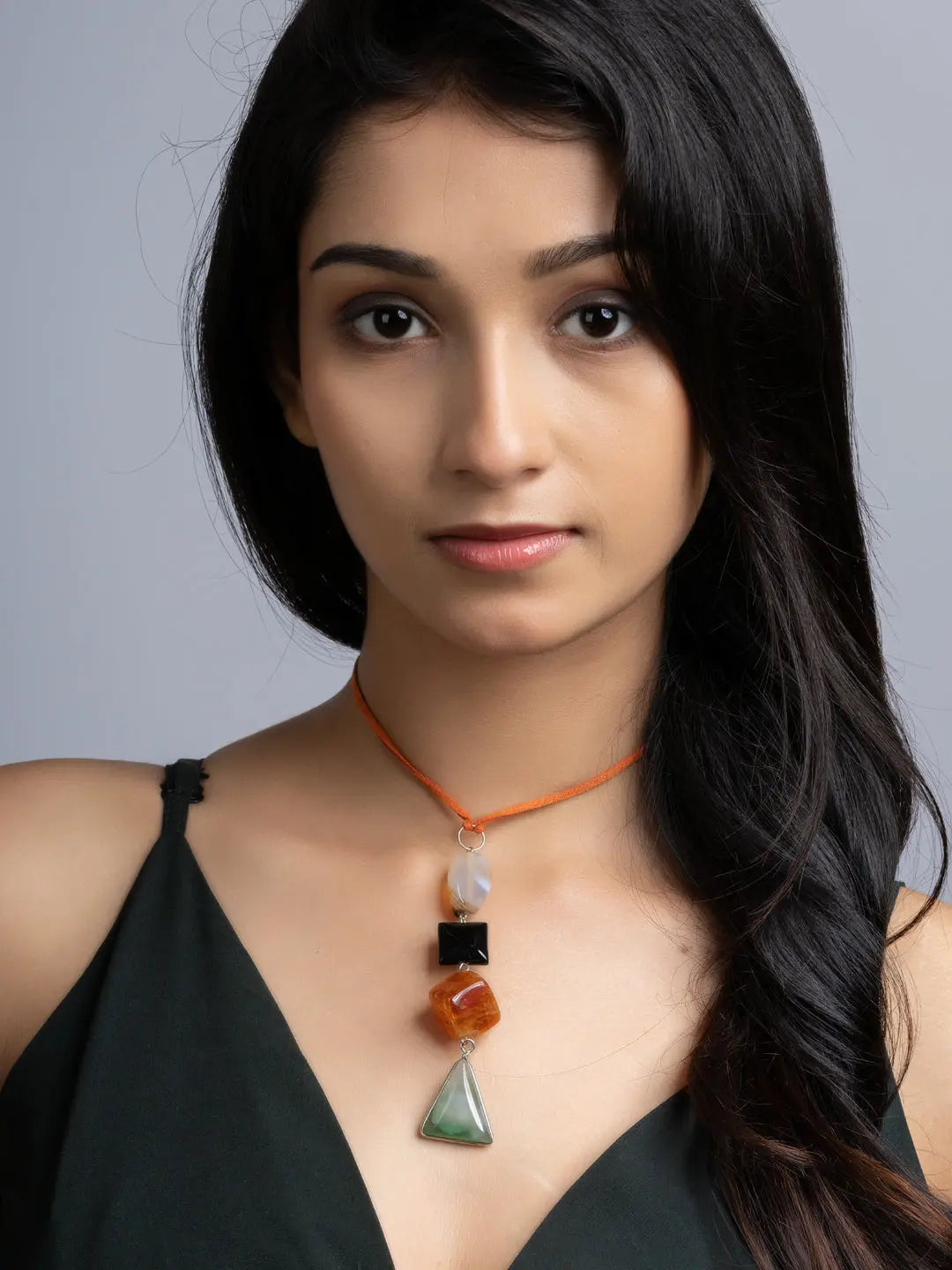 Green Orange Black Onyx Agate Sleek Necklace With Adjustable Suede Cord LOOK AND ADORN - designed for you