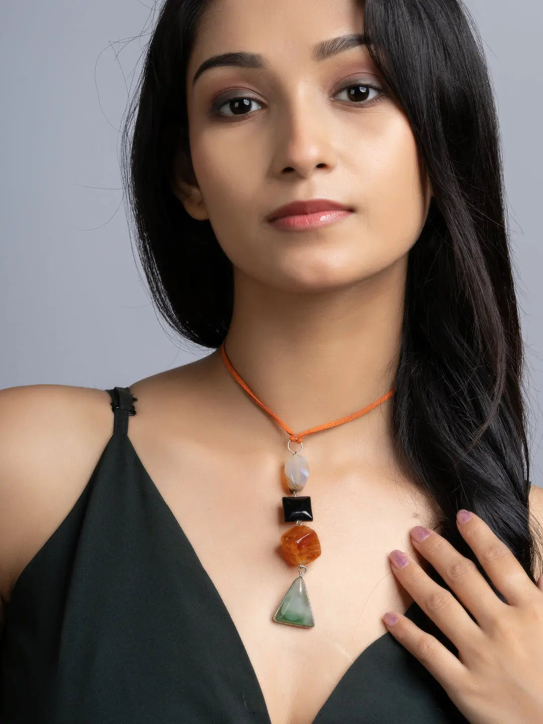 Green Orange Black Onyx Agate Sleek Necklace With Adjustable Suede Cord LOOK AND ADORN - designed for you