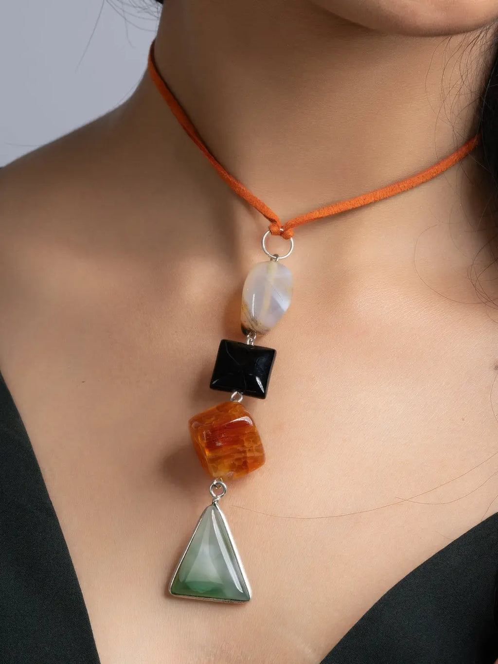 Green Orange Black Onyx Agate Sleek Necklace With Adjustable Suede Cord LOOK AND ADORN - designed for you