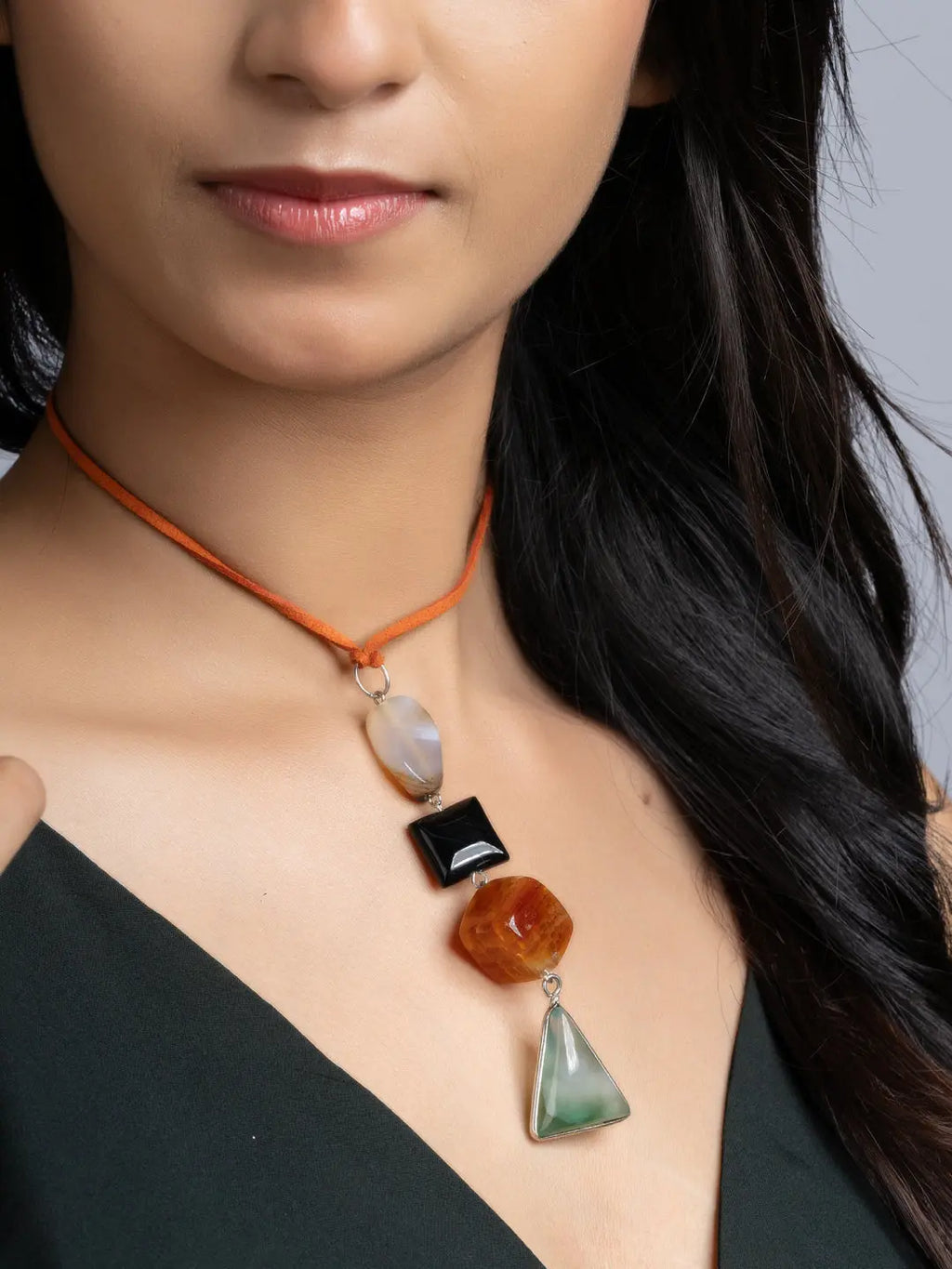 Green Orange Black Onyx Agate Sleek Necklace With Adjustable Suede Cord LOOK AND ADORN - designed for you