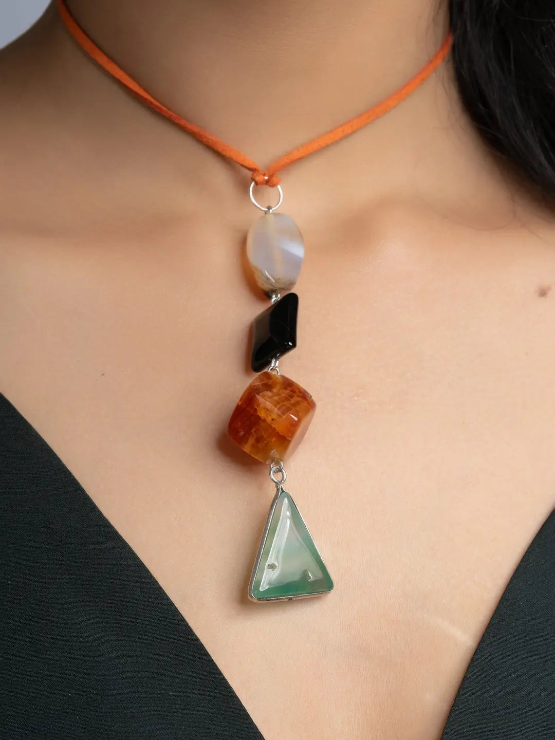 Green Orange Black Onyx Agate Sleek Necklace With Adjustable Suede Cord LOOK AND ADORN - designed for you