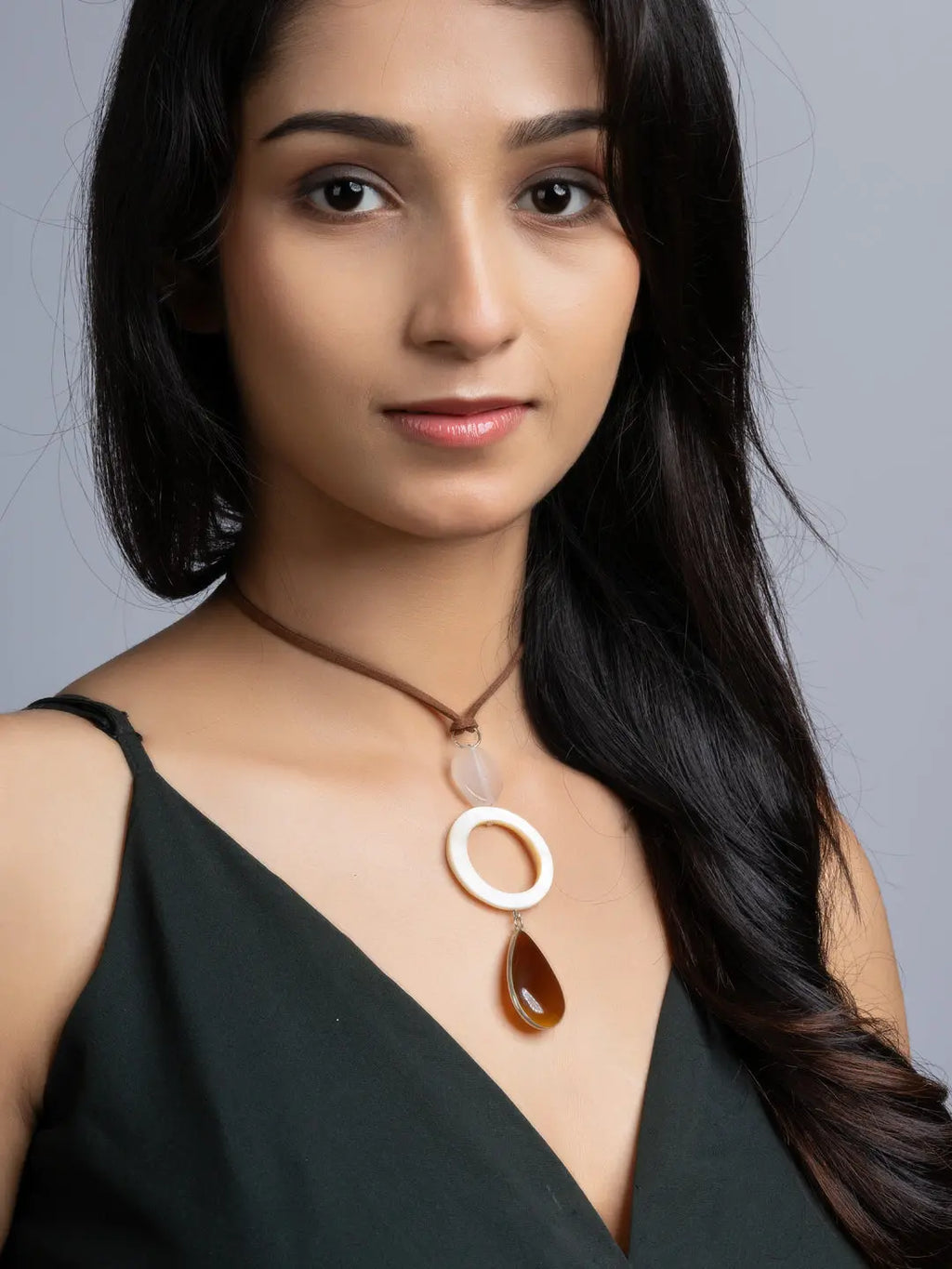 White Brown Onyx Mother Of Pearl Sleek Necklace With Adjustable Suede Cord LOOK AND ADORN - designed for you