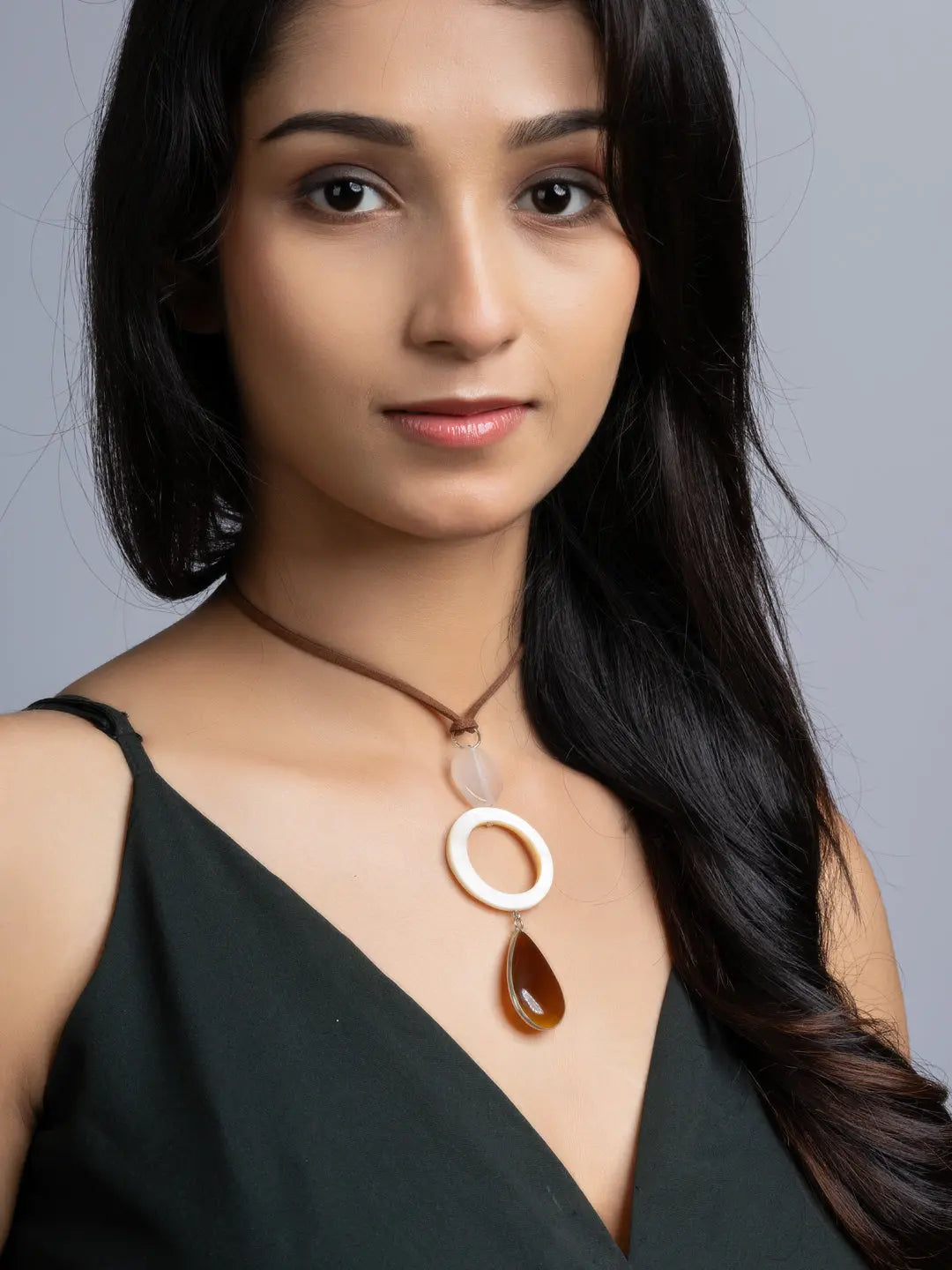 White Brown Onyx Mother Of Pearl Sleek Necklace With Adjustable Suede Cord LOOK AND ADORN - designed for you
