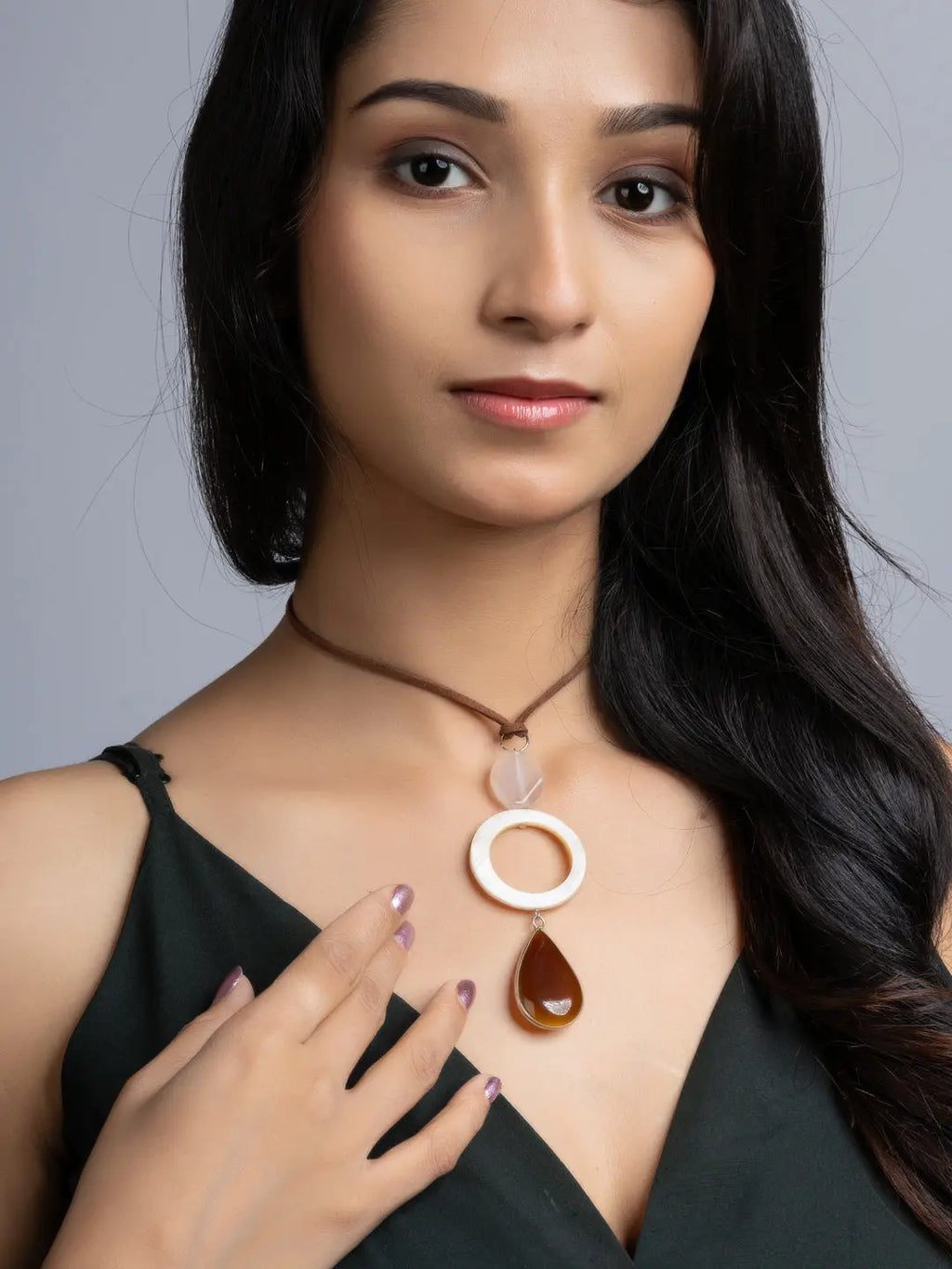 White Brown Onyx Mother Of Pearl Sleek Necklace With Adjustable Suede Cord LOOK AND ADORN - designed for you