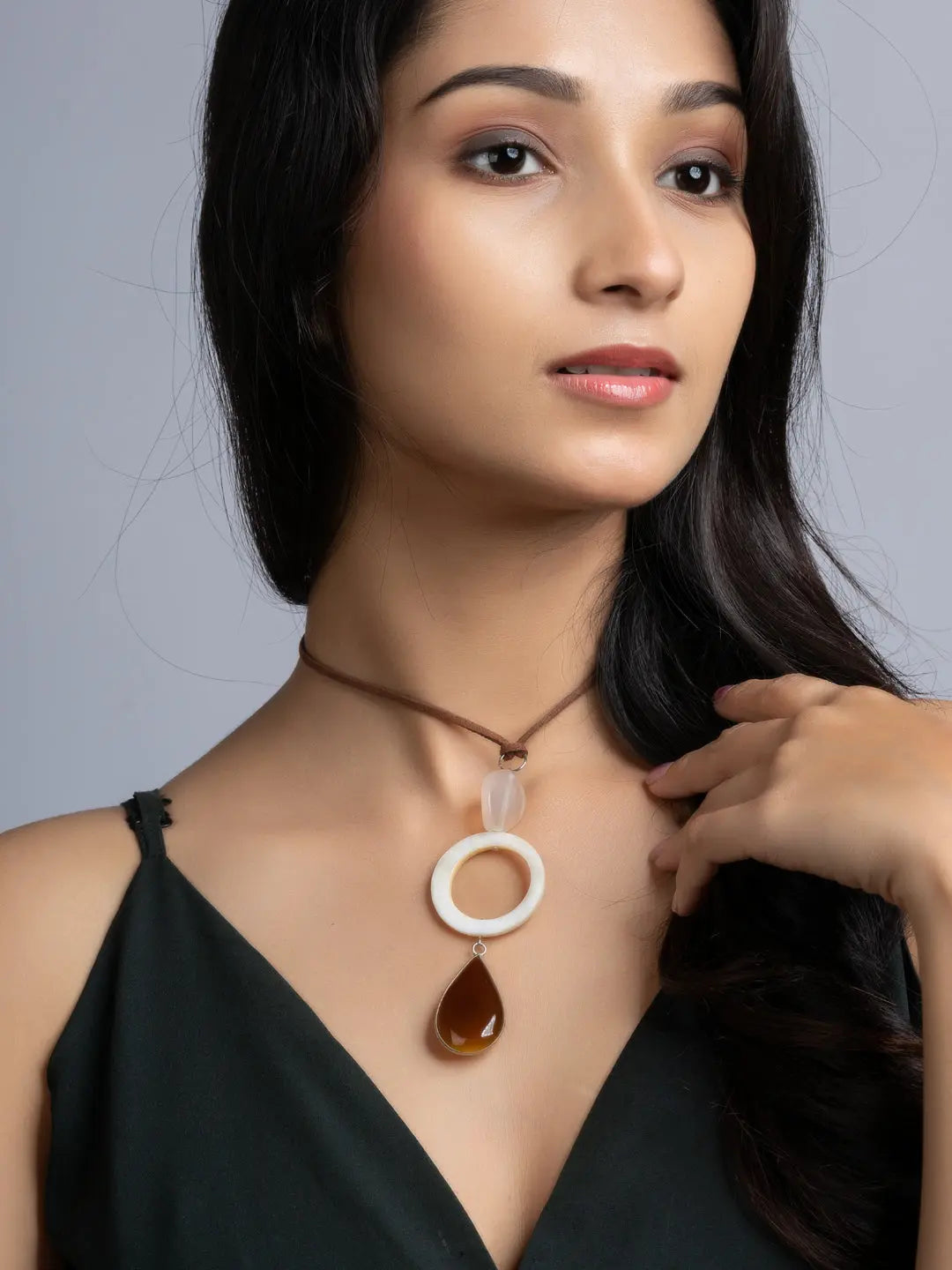 White Brown Onyx Mother Of Pearl Sleek Necklace With Adjustable Suede Cord LOOK AND ADORN - designed for you