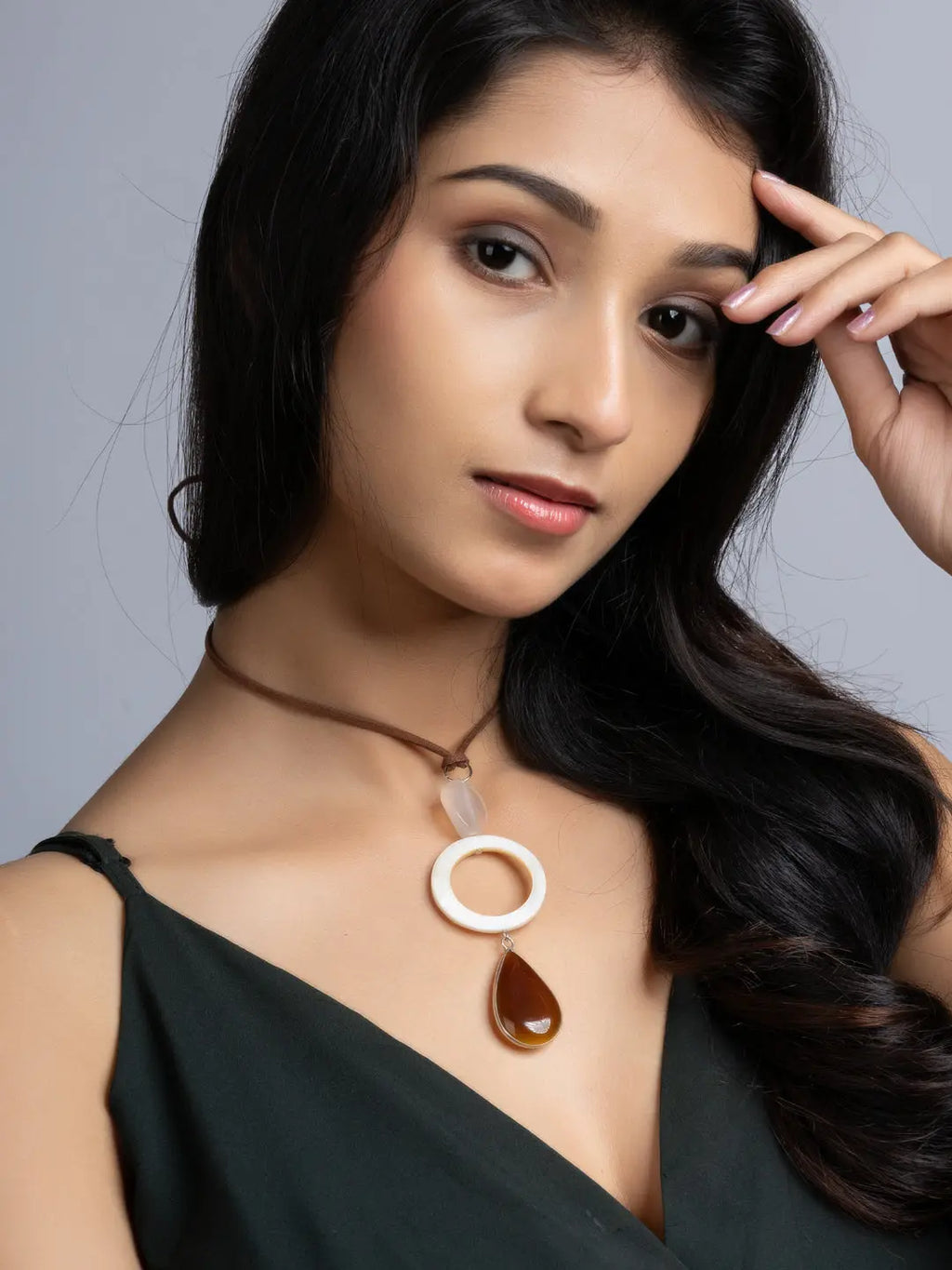 White Brown Onyx Mother Of Pearl Sleek Necklace With Adjustable Suede Cord LOOK AND ADORN - designed for you