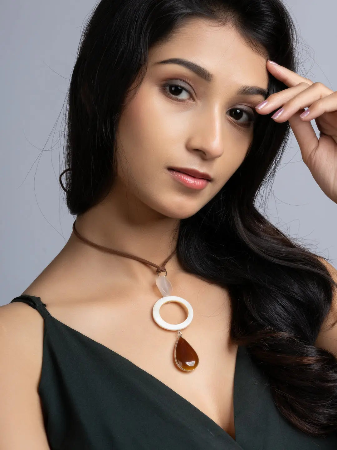 White Brown Onyx Mother Of Pearl Sleek Necklace With Adjustable Suede Cord LOOK AND ADORN - designed for you