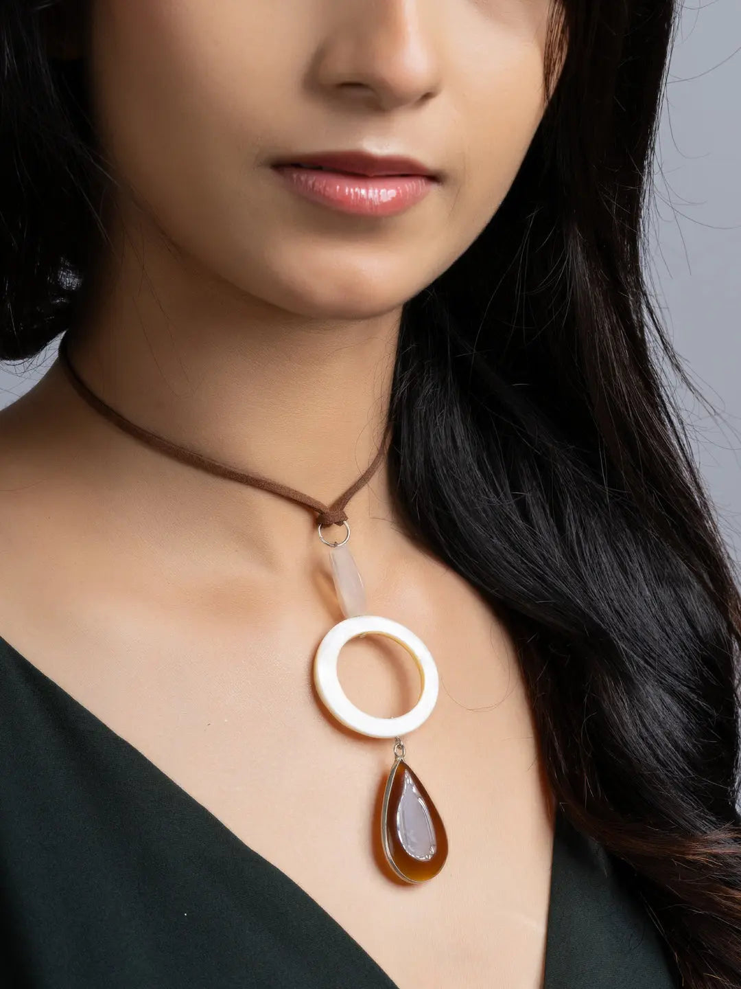 White Brown Onyx Mother Of Pearl Sleek Necklace With Adjustable Suede Cord LOOK AND ADORN - designed for you