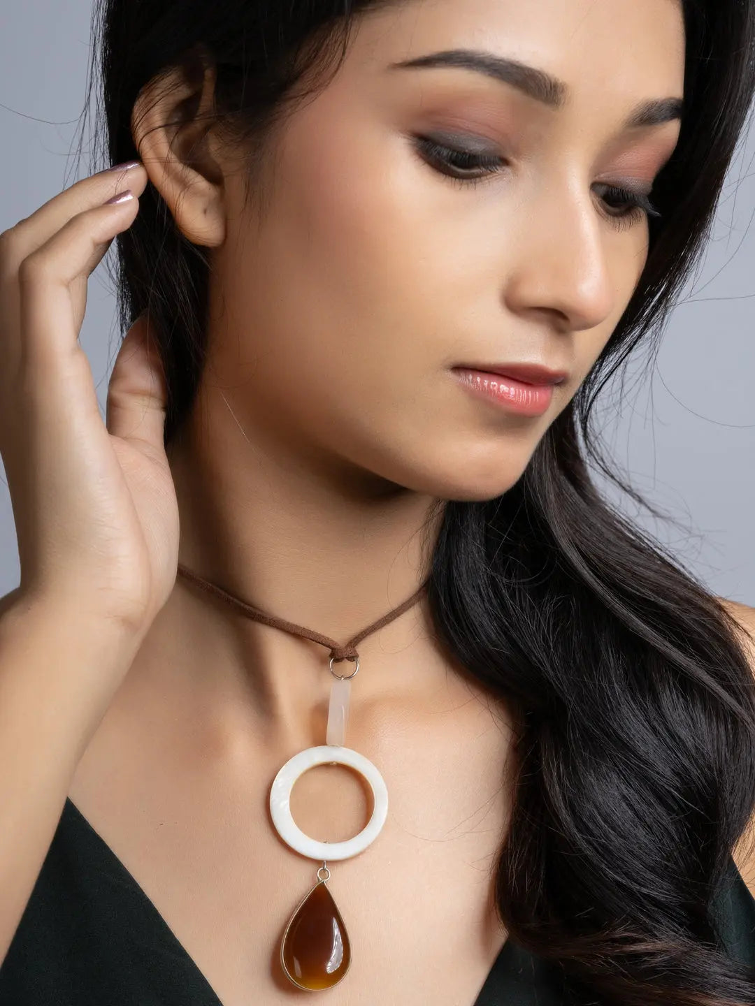 White Brown Onyx Mother Of Pearl Sleek Necklace With Adjustable Suede Cord LOOK AND ADORN - designed for you