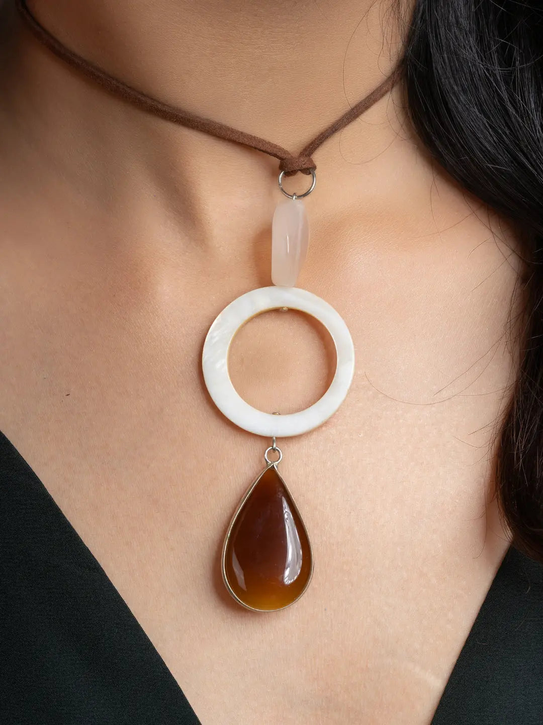 White Brown Onyx Mother Of Pearl Sleek Necklace With Adjustable Suede Cord LOOK AND ADORN - designed for you