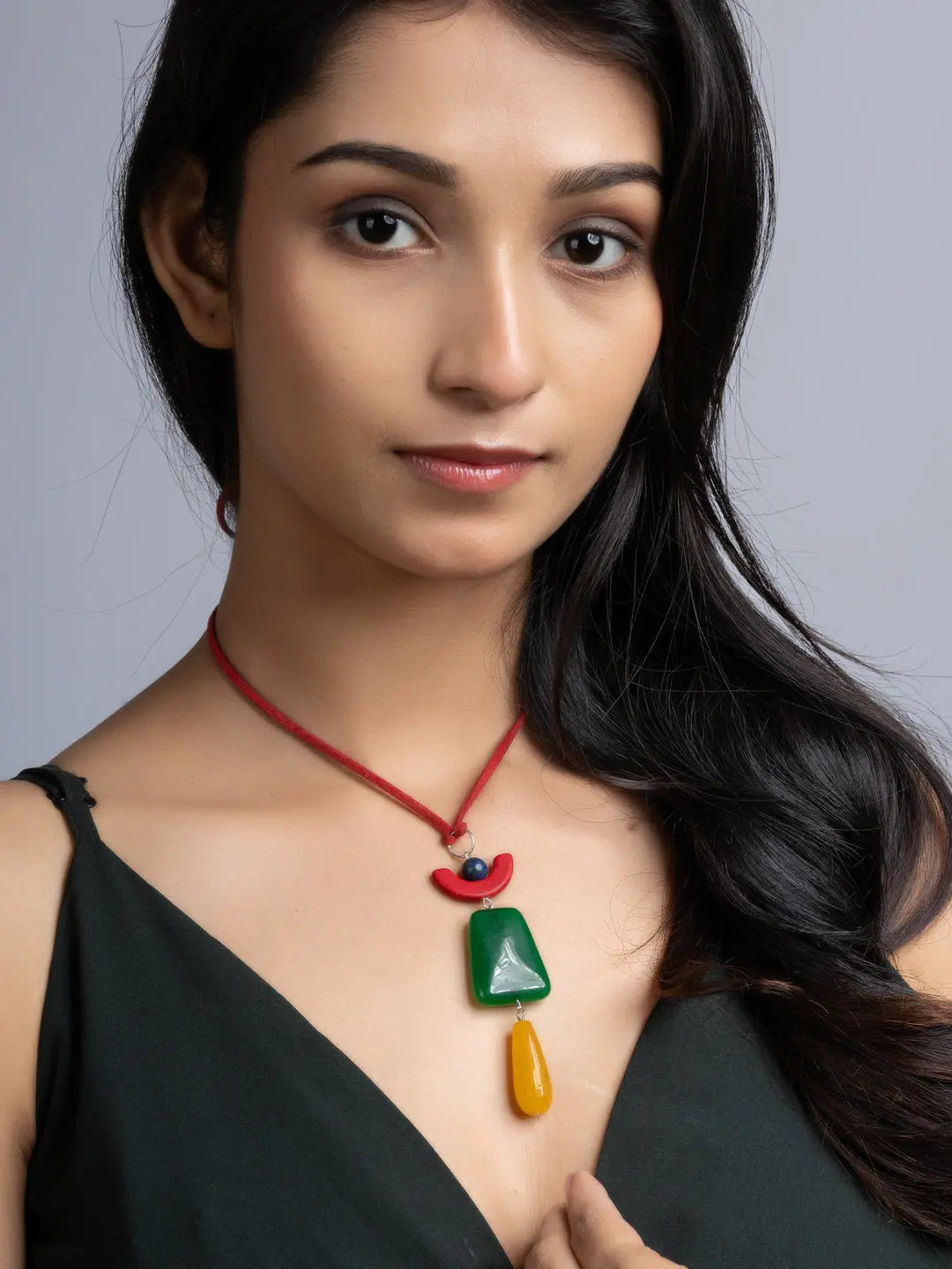 Red Yellow Green Blue Onyx Agate Sleek Necklace With Adjustable Suede Cord LOOK AND ADORN - designed for you