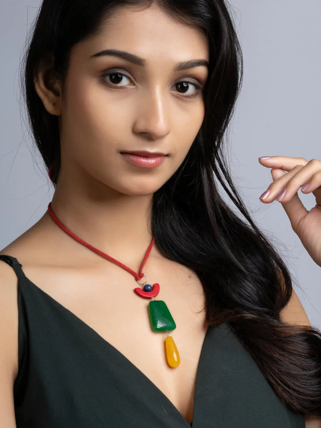 Red Yellow Green Blue Onyx Agate Sleek Necklace With Adjustable Suede Cord LOOK AND ADORN - designed for you