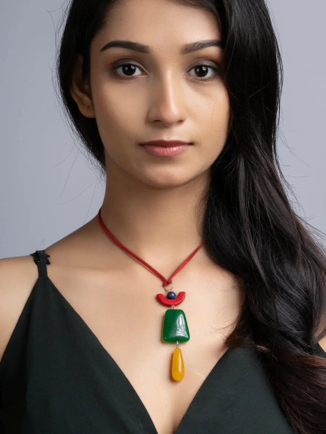 Red Yellow Green Blue Onyx Agate Sleek Necklace With Adjustable Suede Cord LOOK AND ADORN - designed for you
