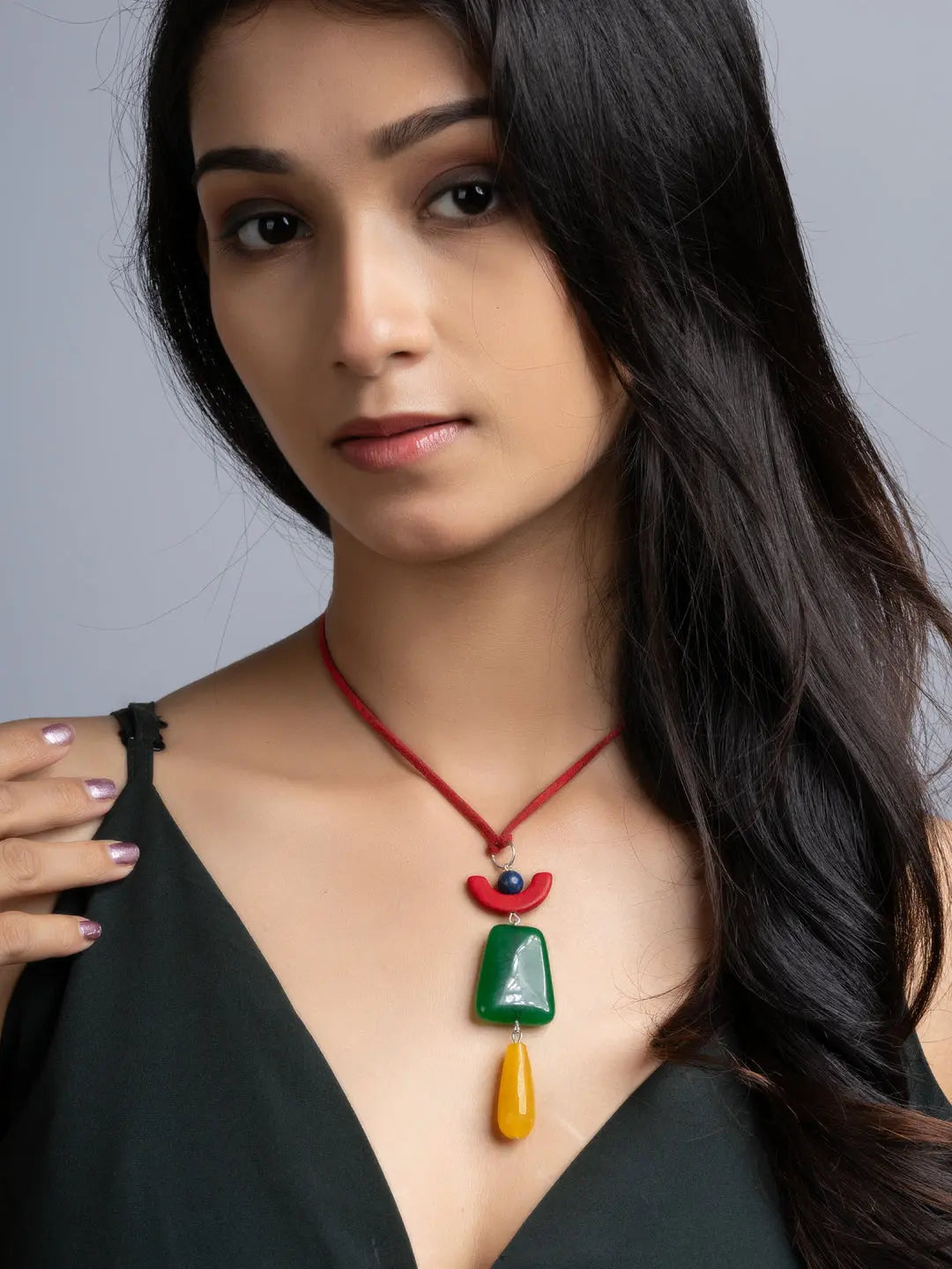 Red Yellow Green Blue Onyx Agate Sleek Necklace With Adjustable Suede Cord LOOK AND ADORN - designed for you