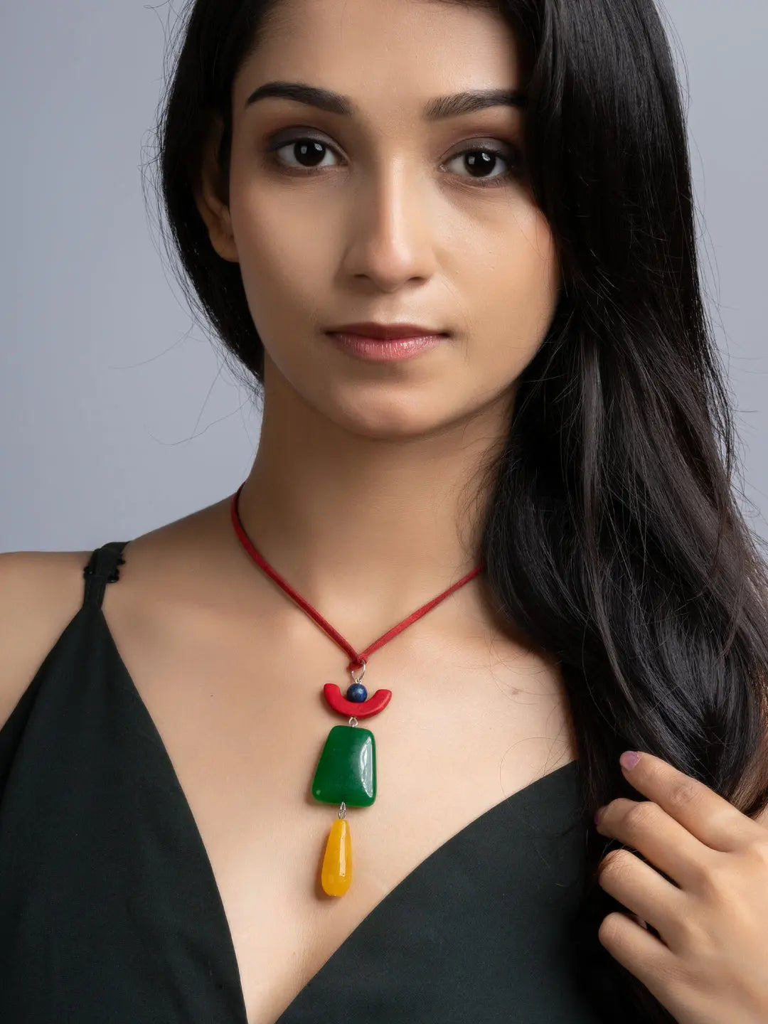 Red Yellow Green Blue Onyx Agate Sleek Necklace With Adjustable Suede Cord LOOK AND ADORN - designed for you
