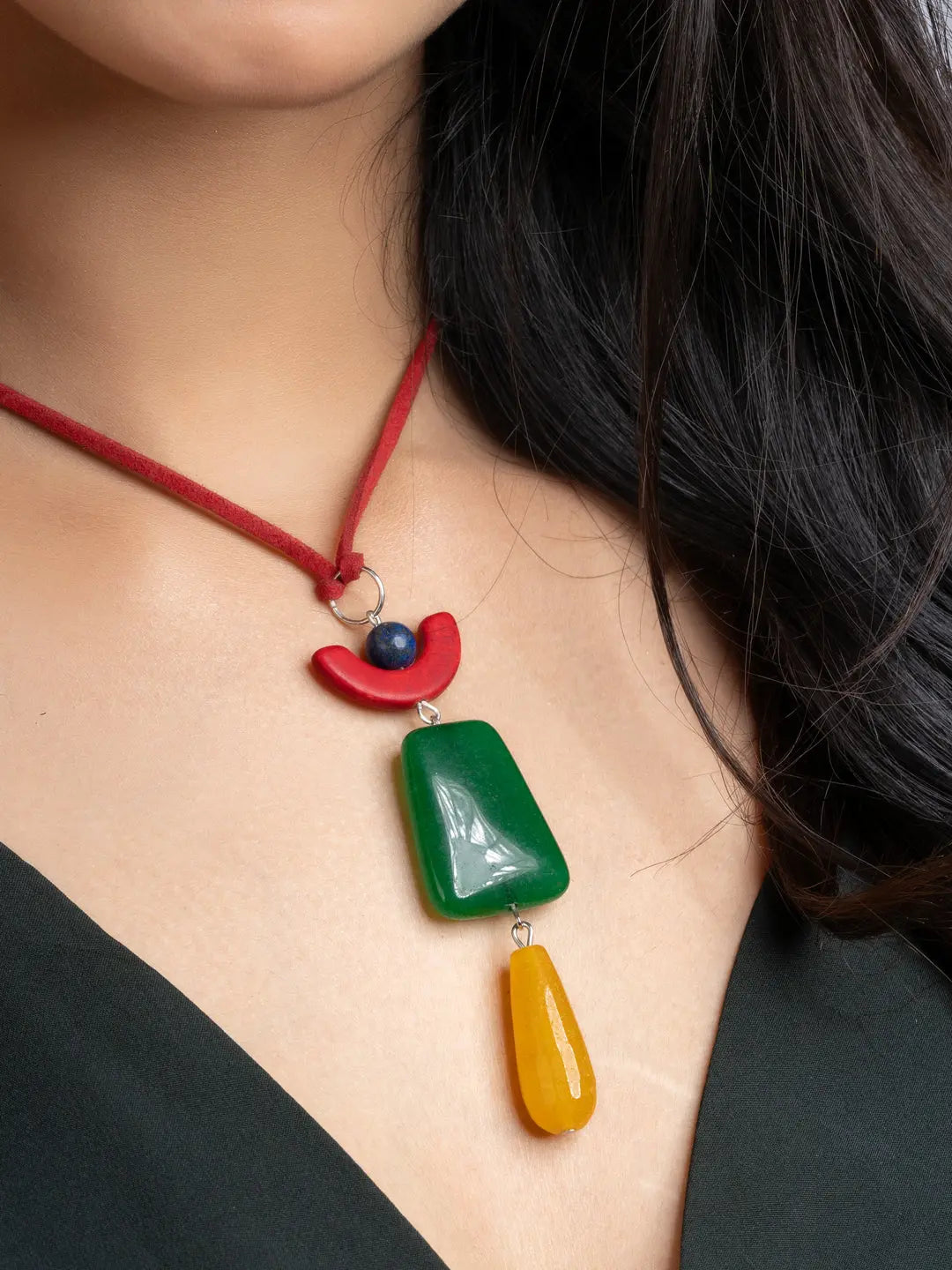 Red Yellow Green Blue Onyx Agate Sleek Necklace With Adjustable Suede Cord LOOK AND ADORN - designed for you