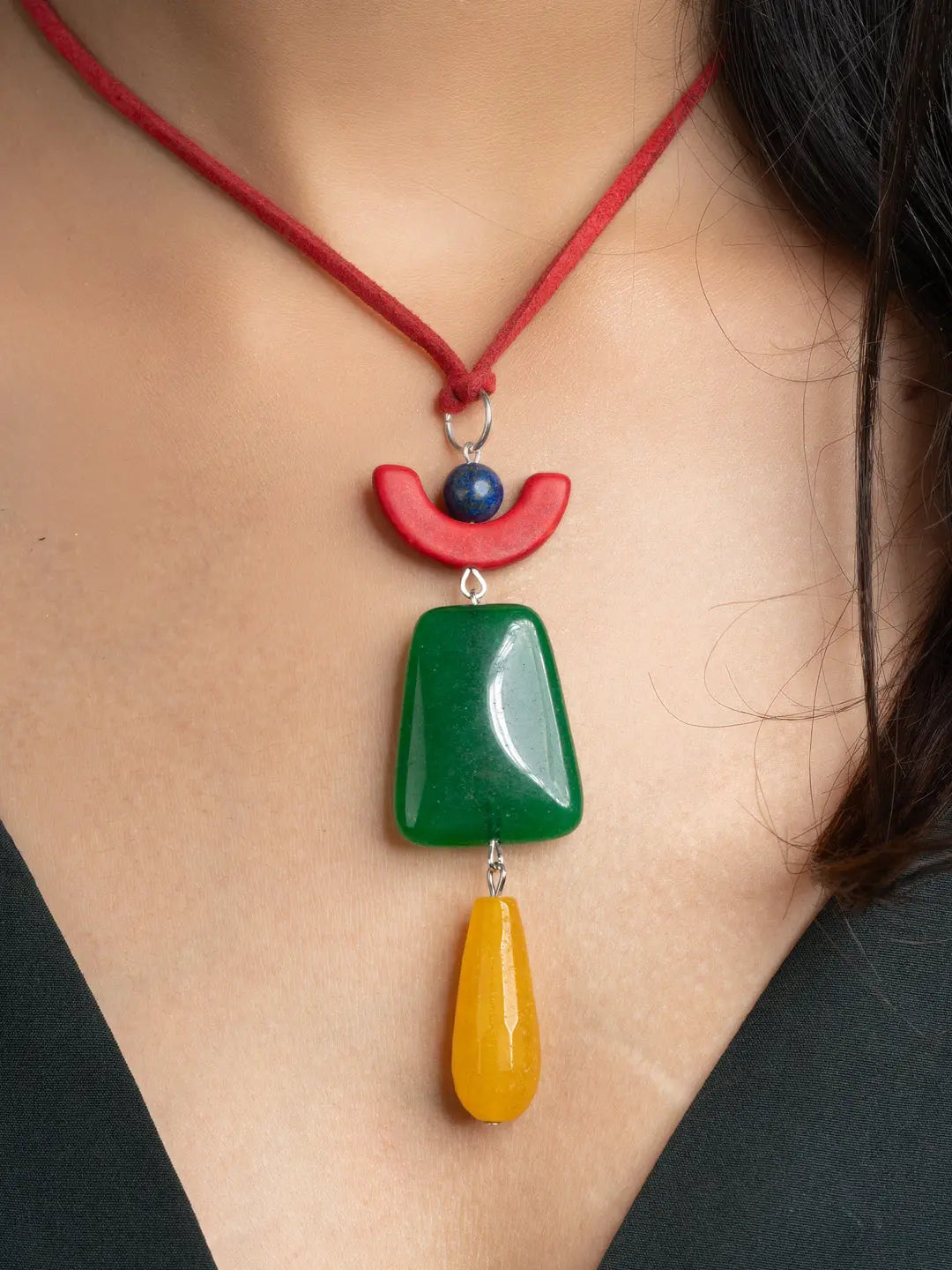Red Yellow Green Blue Onyx Agate Sleek Necklace With Adjustable Suede Cord LOOK AND ADORN - designed for you