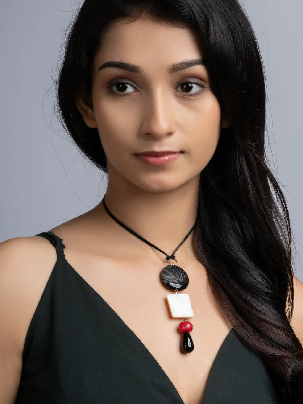 Red Black White Onyx Agate Mother Of Pearl Sleek Necklace With Adjustable Suede Cord LOOK AND ADORN - designed for you