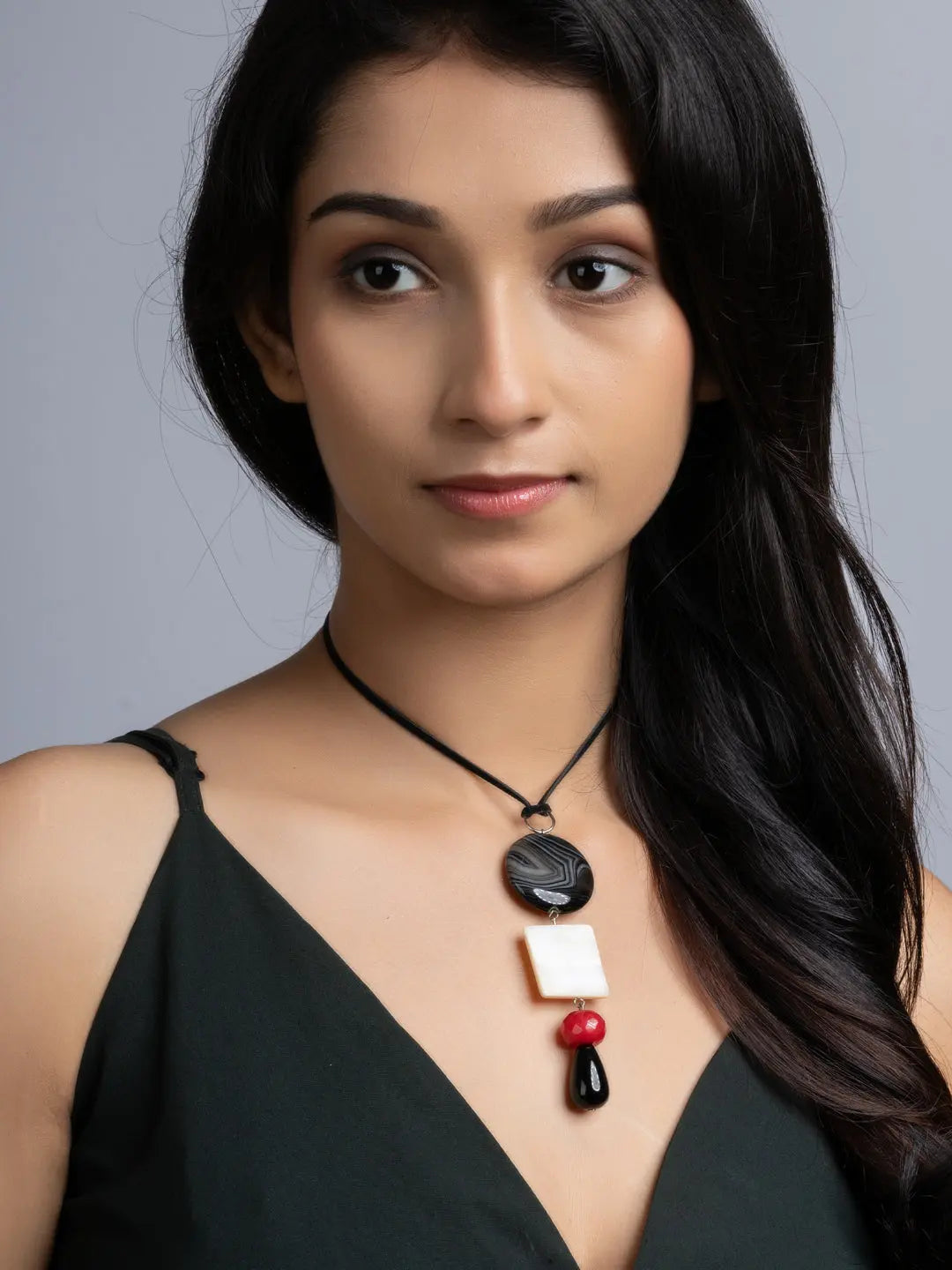 Red Black White Onyx Agate Mother Of Pearl Sleek Necklace With Adjustable Suede Cord LOOK AND ADORN - designed for you