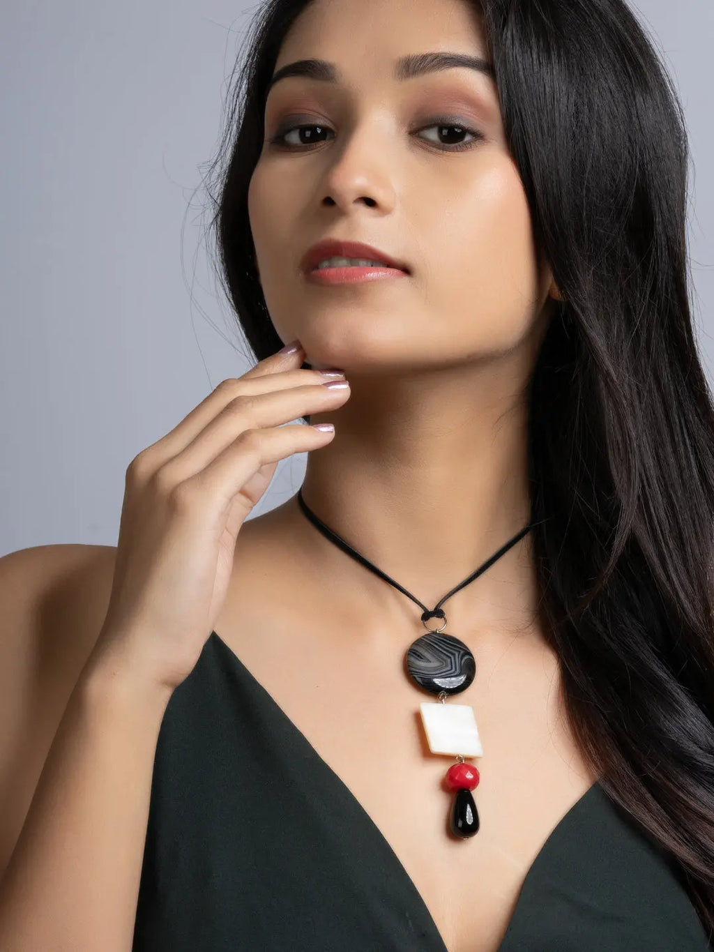 Red Black White Onyx Agate Mother Of Pearl Sleek Necklace With Adjustable Suede Cord LOOK AND ADORN - designed for you