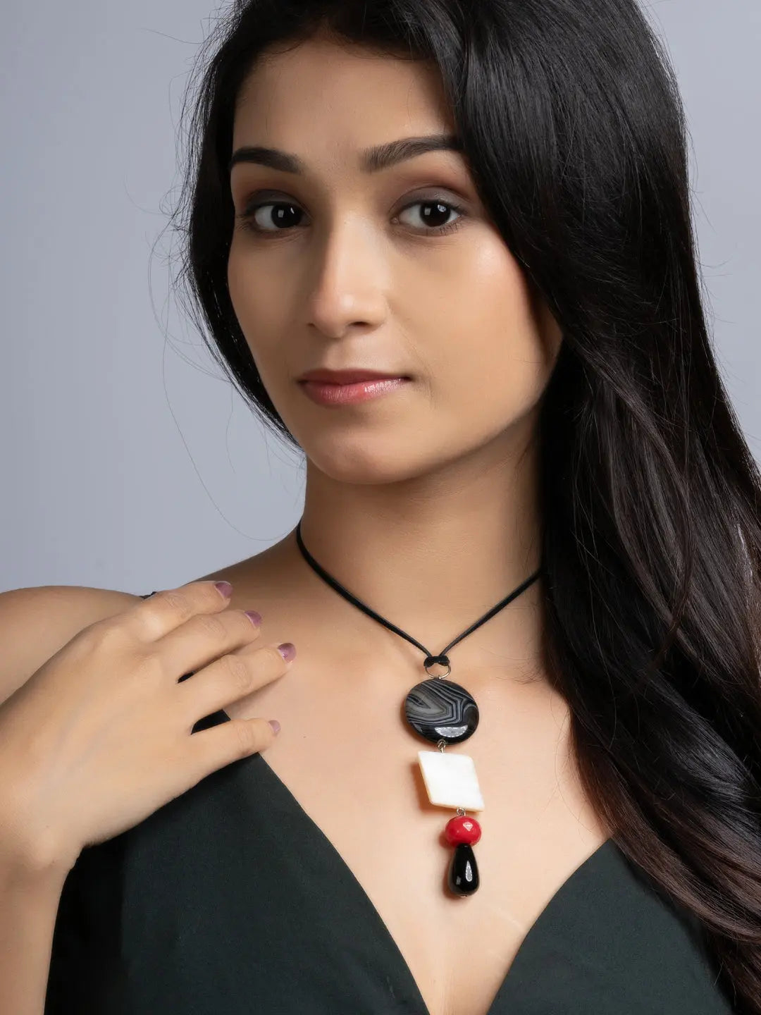 Red Black White Onyx Agate Mother Of Pearl Sleek Necklace With Adjustable Suede Cord LOOK AND ADORN - designed for you