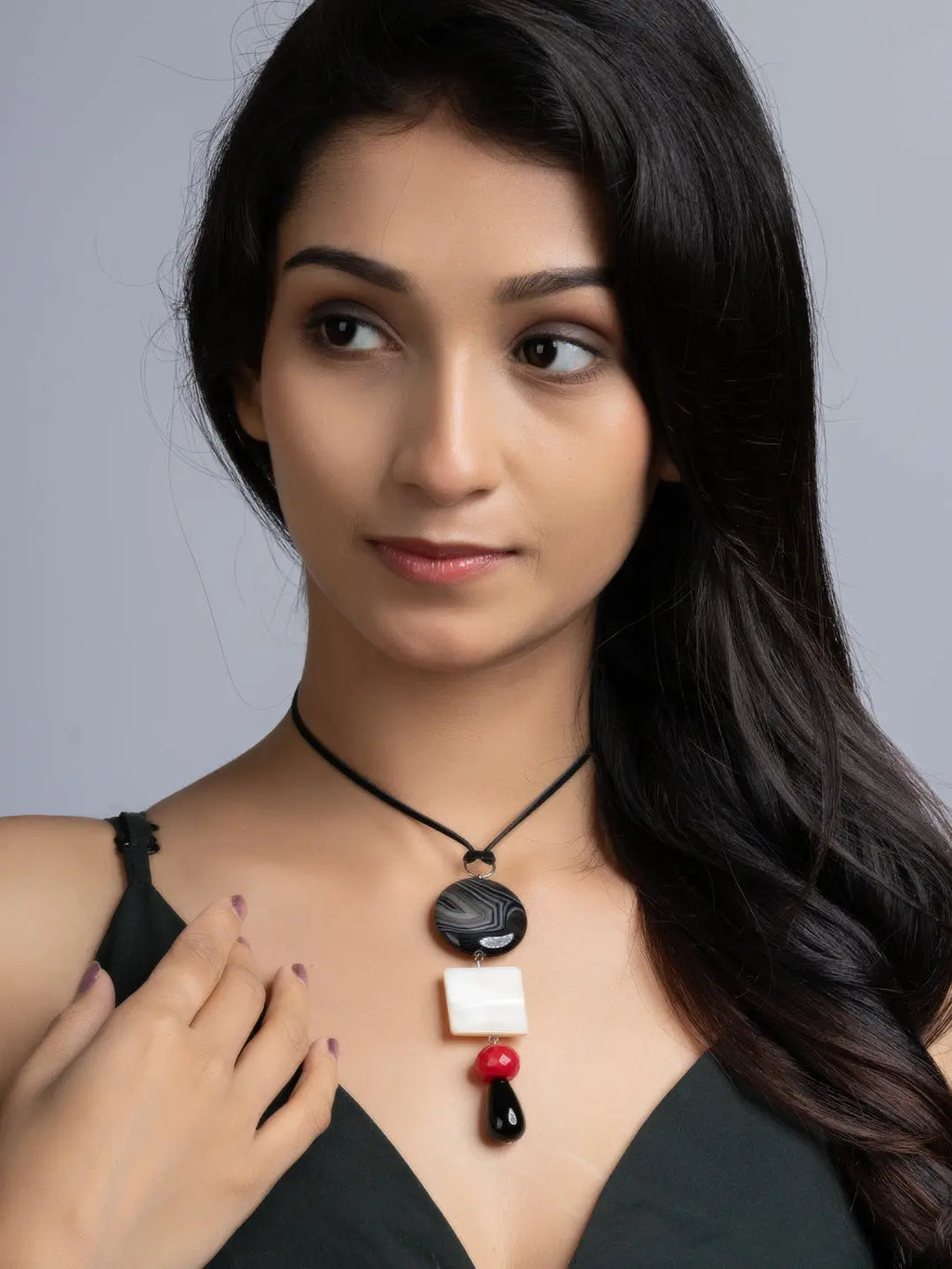 Red Black White Onyx Agate Mother Of Pearl Sleek Necklace With Adjustable Suede Cord LOOK AND ADORN - designed for you
