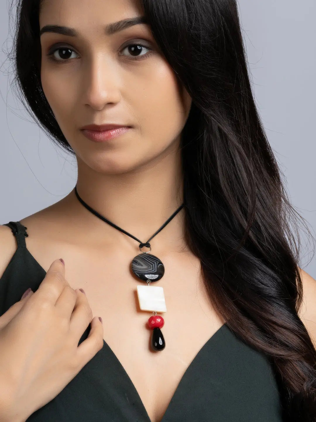 Red Black White Onyx Agate Mother Of Pearl Sleek Necklace With Adjustable Suede Cord LOOK AND ADORN - designed for you