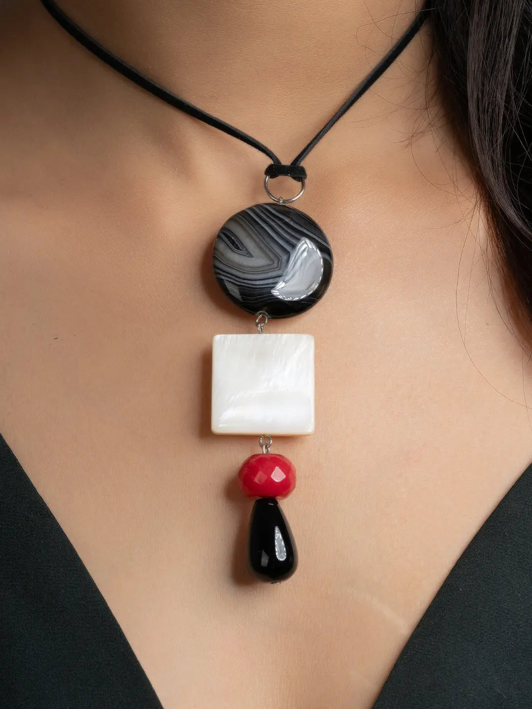 Red Black White Onyx Agate Mother Of Pearl Sleek Necklace With Adjustable Suede Cord LOOK AND ADORN - designed for you