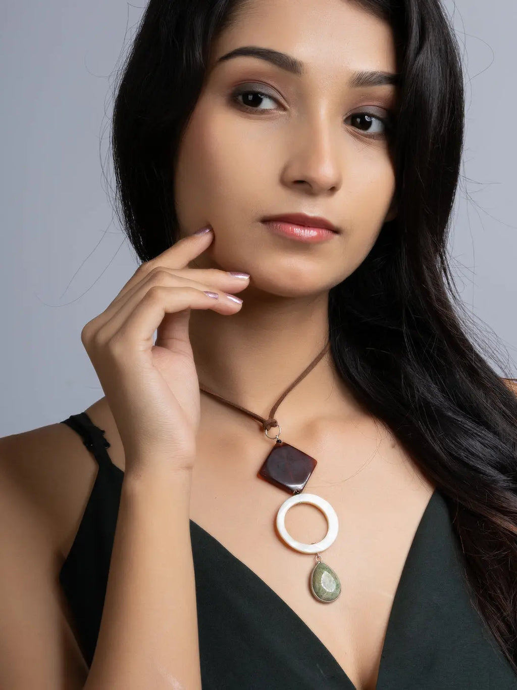 Brown White Green Onyx Agate Mother Of Pearl Sleek Necklace With Adjustable Suede Cord LOOK AND ADORN - designed for you