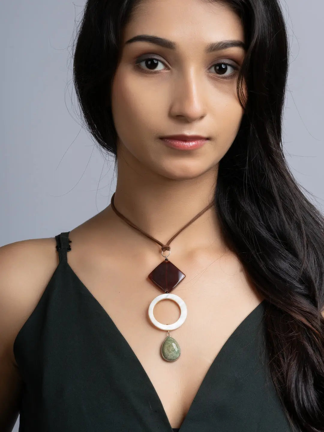 Brown White Green Onyx Agate Mother Of Pearl Sleek Necklace With Adjustable Suede Cord LOOK AND ADORN - designed for you