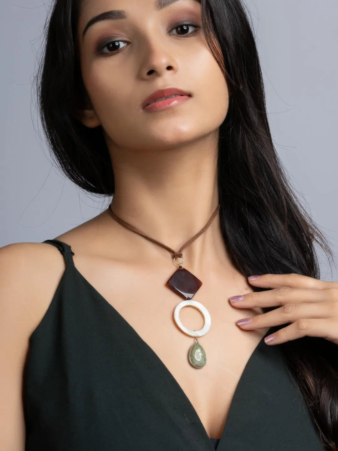Brown White Green Onyx Agate Mother Of Pearl Sleek Necklace With Adjustable Suede Cord LOOK AND ADORN - designed for you