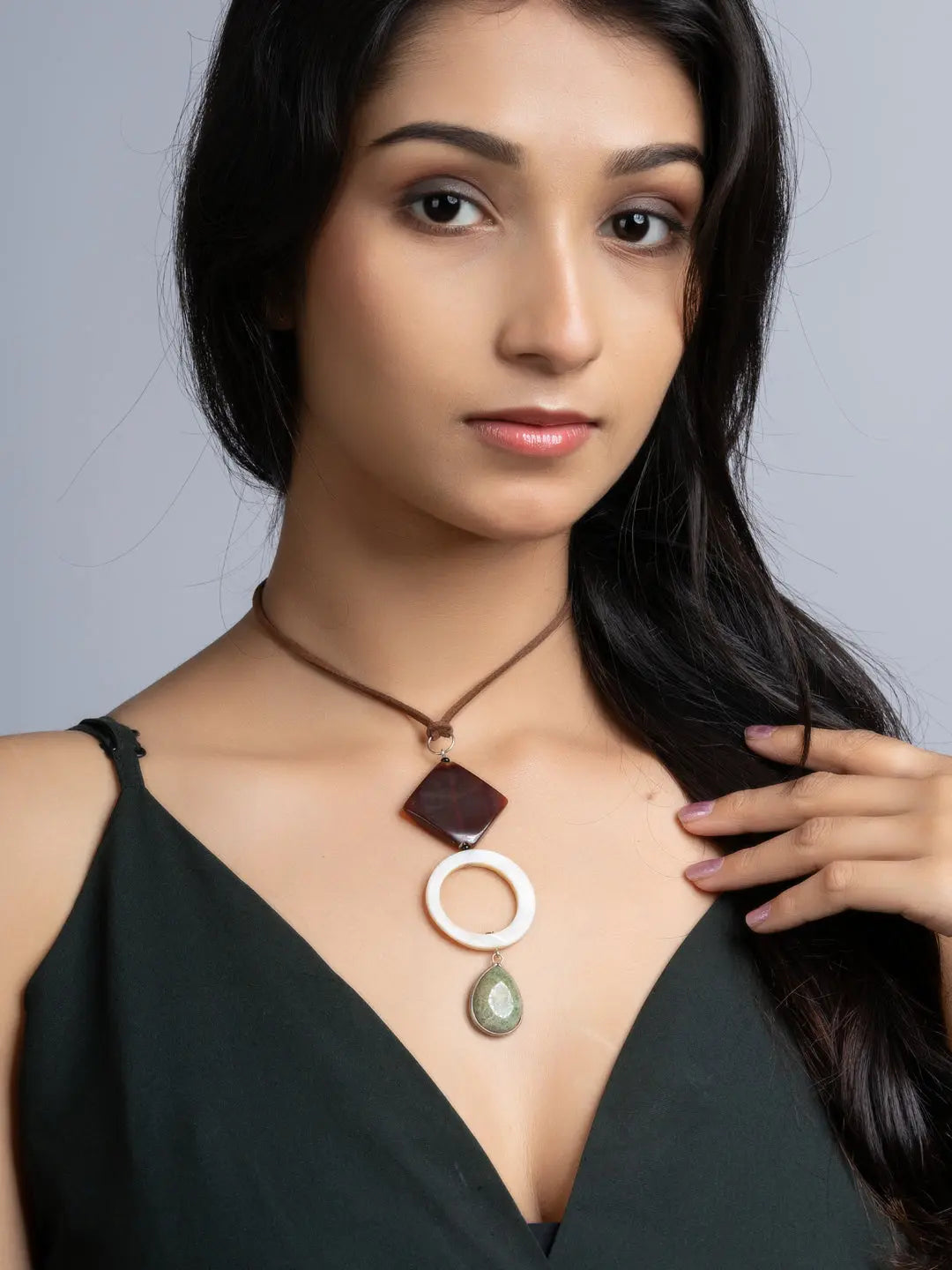 Brown White Green Onyx Agate Mother Of Pearl Sleek Necklace With Adjustable Suede Cord LOOK AND ADORN - designed for you