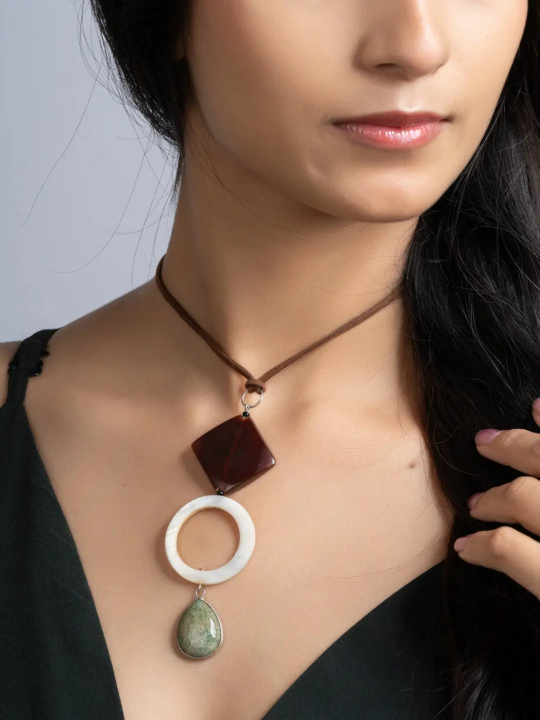 Brown White Green Onyx Agate Mother Of Pearl Sleek Necklace With Adjustable Suede Cord LOOK AND ADORN - designed for you